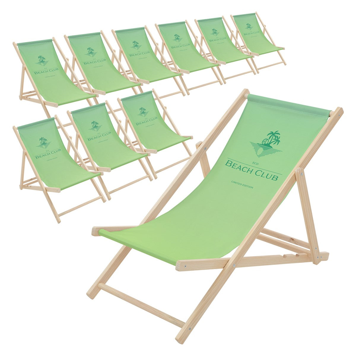 Dieci sedie a sdraio verdi con la scritta 'BEACH CLUB' su struttura in legno.