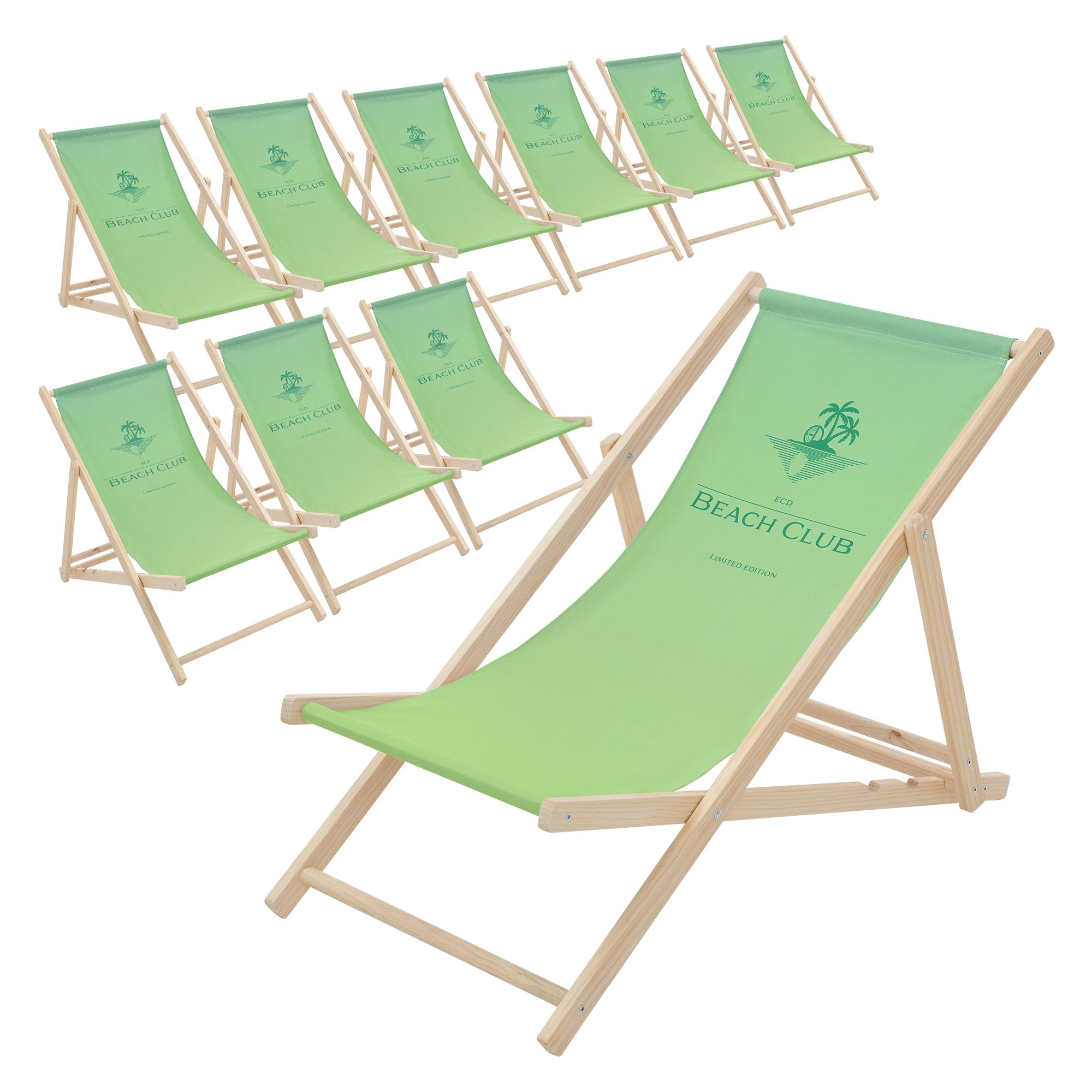 Zehn grüne Liegestühle mit dem Aufdruck 'BEACH CLUB' auf Holzgestell.