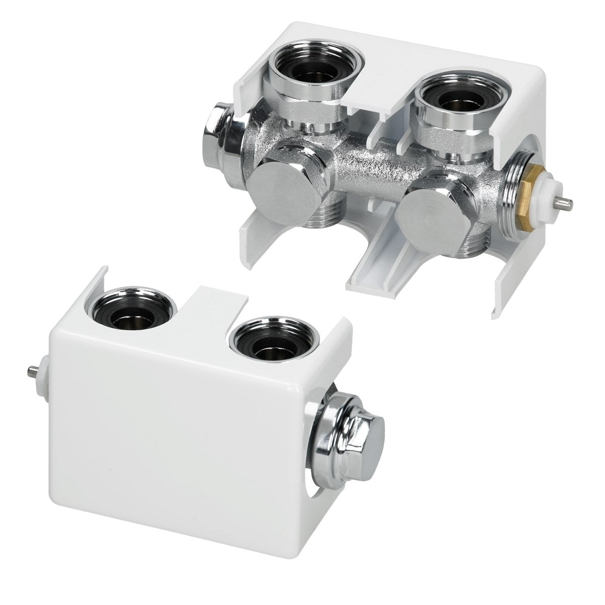 Two pipe connectors, one white and one chrome, on a white background.