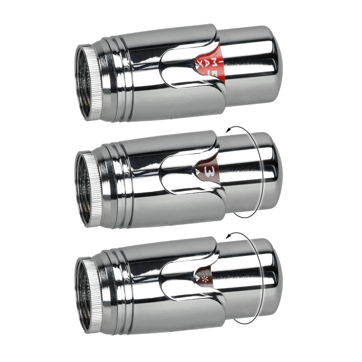 Drei Chromventile in unterschiedlichen Größen.