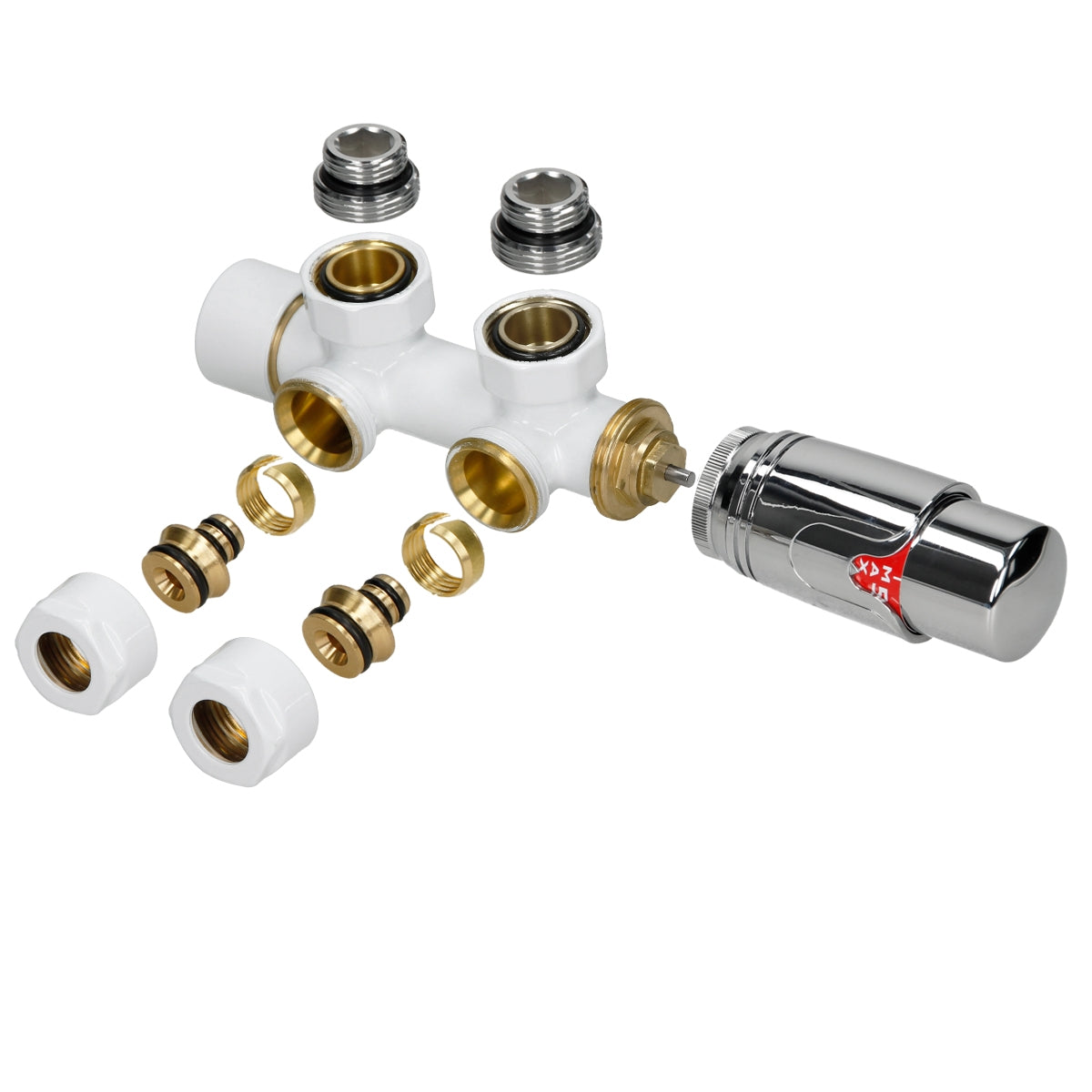 Ein weißes Rohrsystem mit goldenen und silbernen Verbindungsstücken.