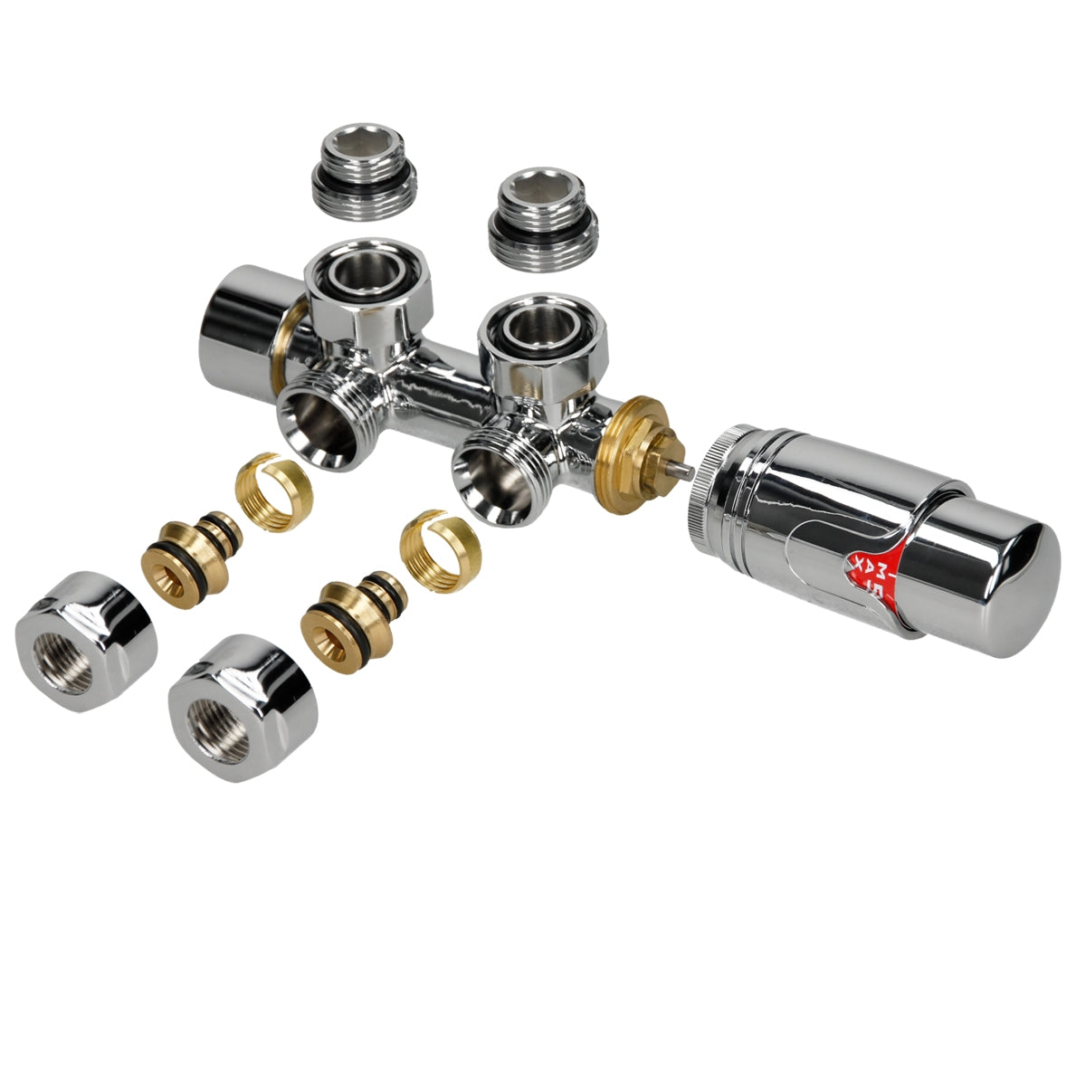 Ein zerlegtes, verchromtes Ventil mit verschiedenen Bauteilen.