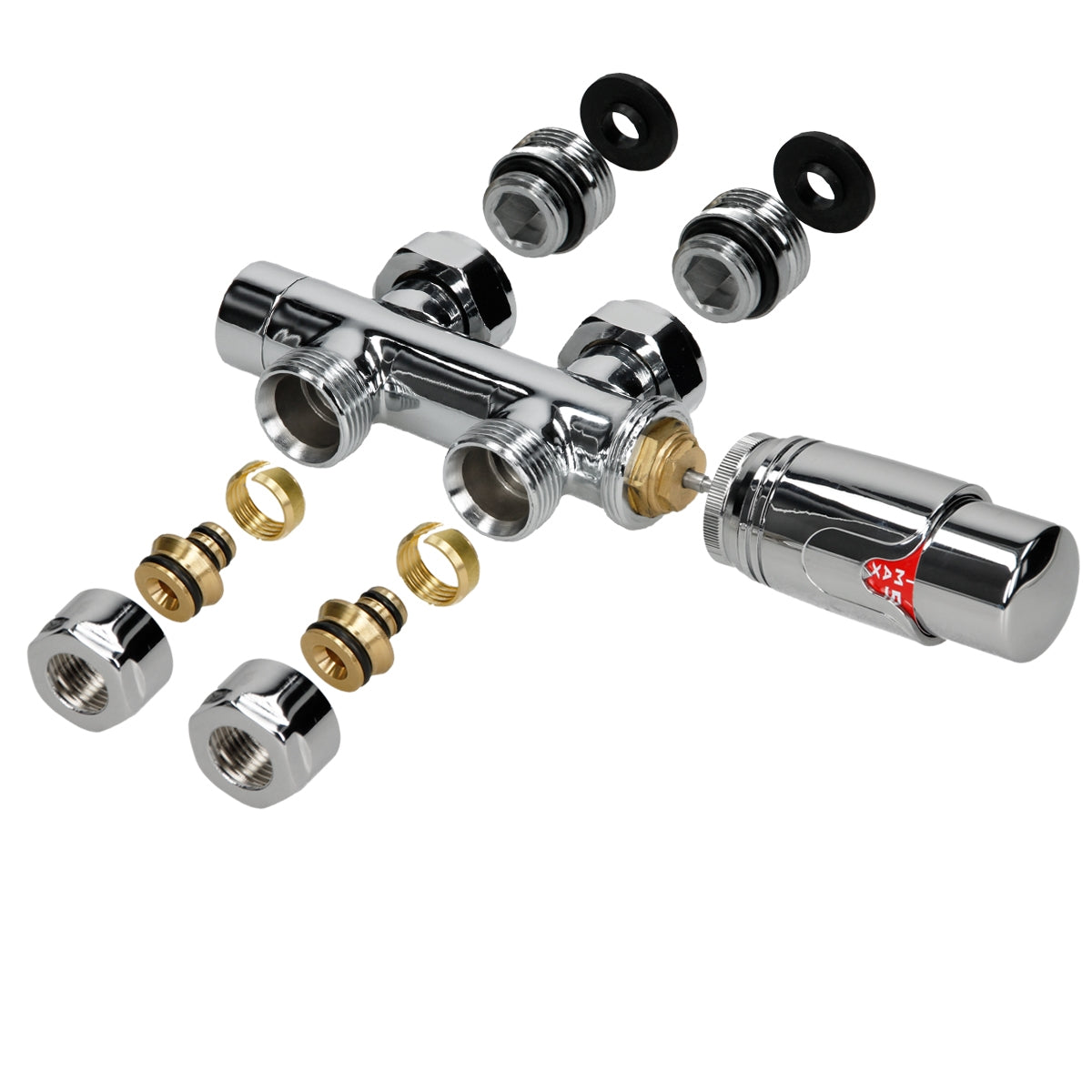 A disassembled chrome valve with various components.