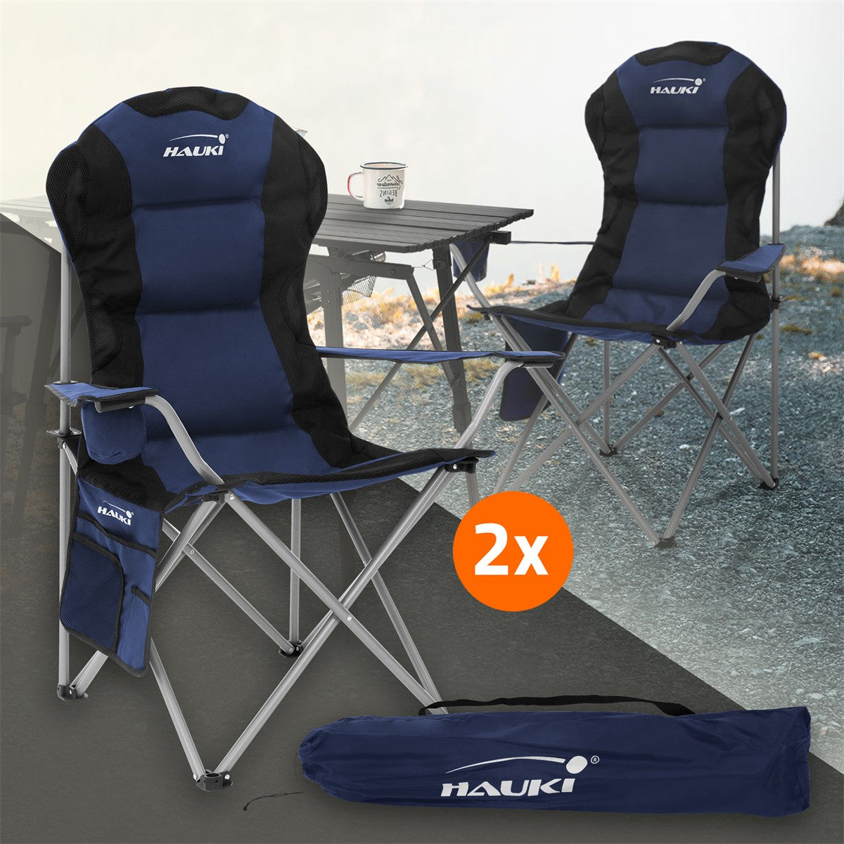 Two folding chairs in blue on a table, with a cup in the background.