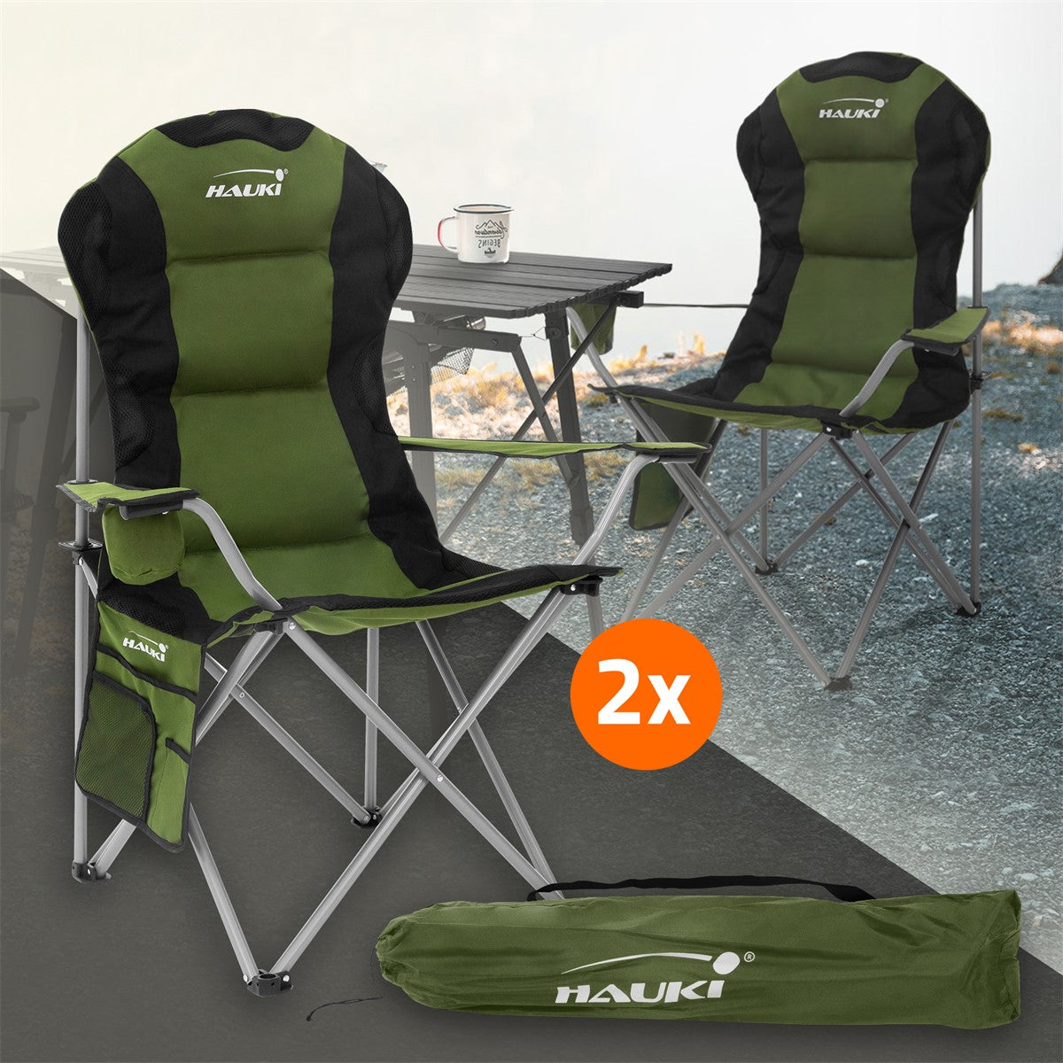 Two green folding chairs with a table and cup on a gray surface.
