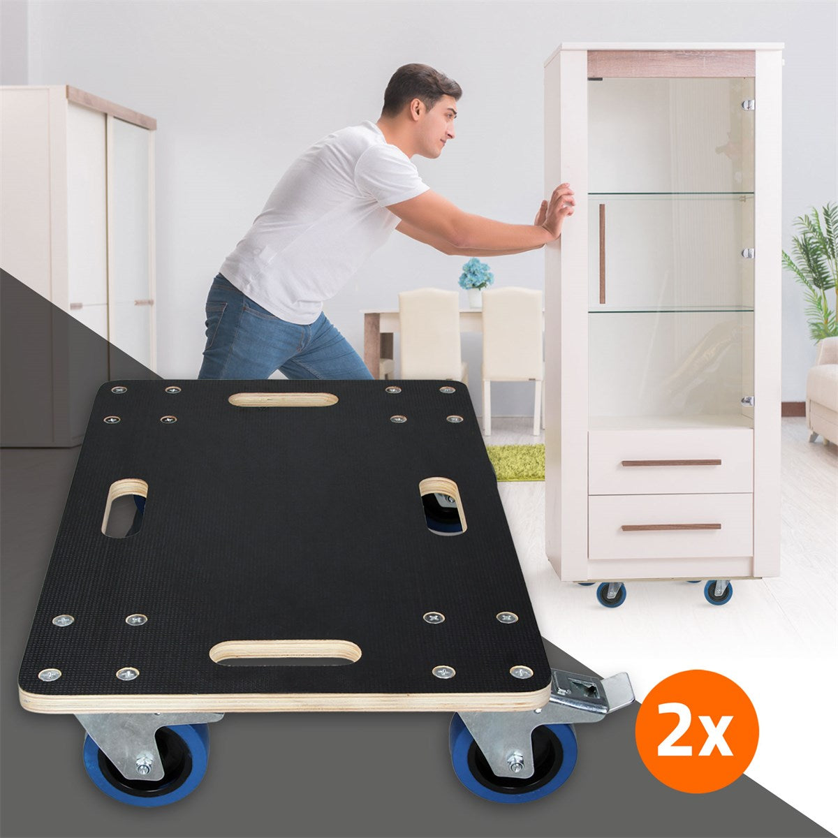 A man pushes a dolly carrying a cabinet.