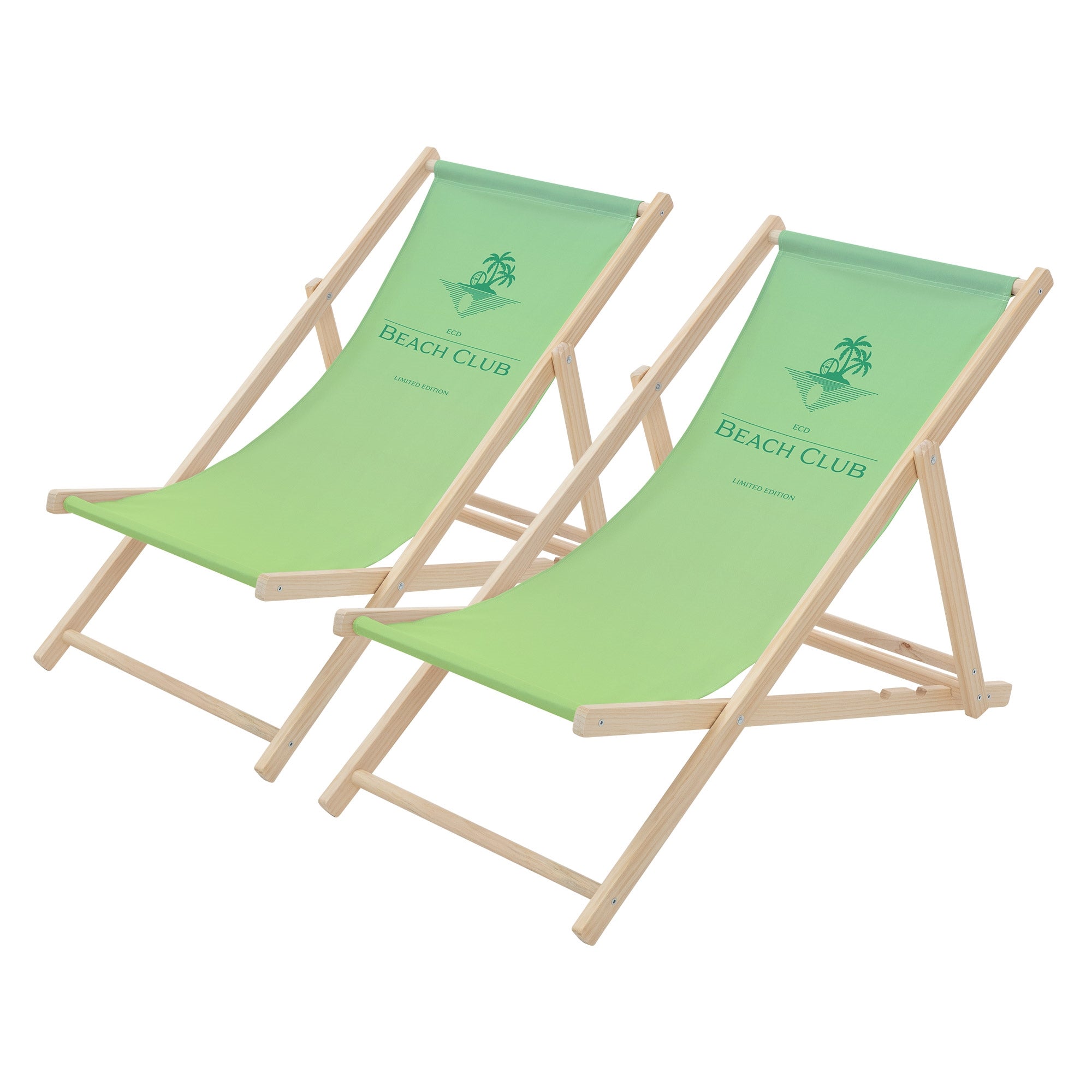 Zwei grüne Liegestühle mit Holzgestell, beschriftet mit 'BEACH CLUB'.