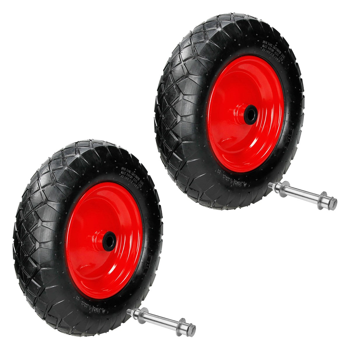 Two red tires with black rims and valves.