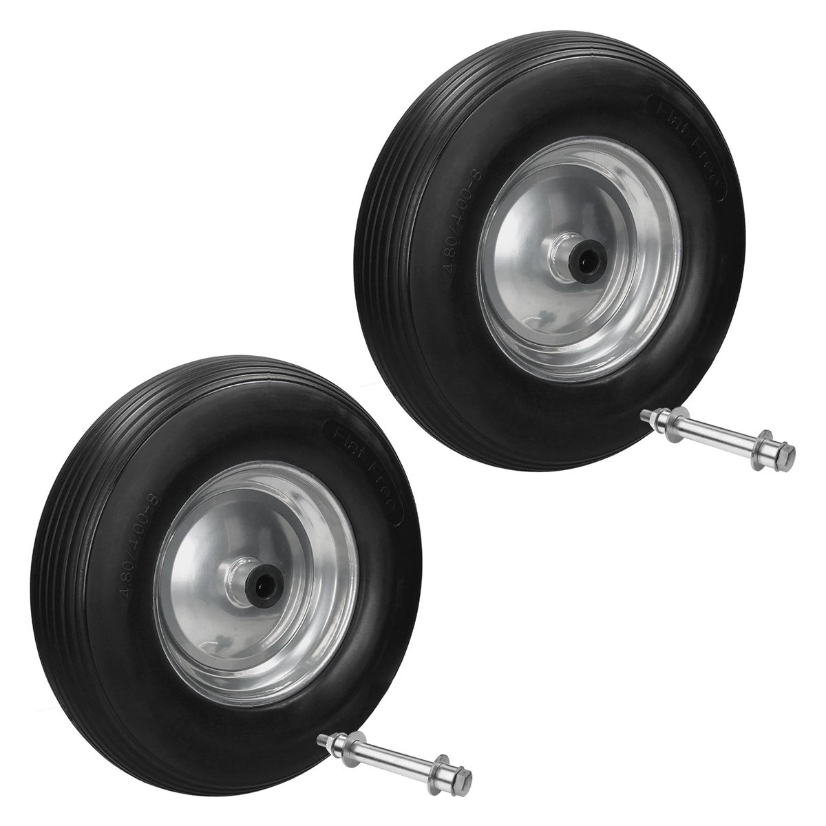 Two black tires with silver rims and valves.
