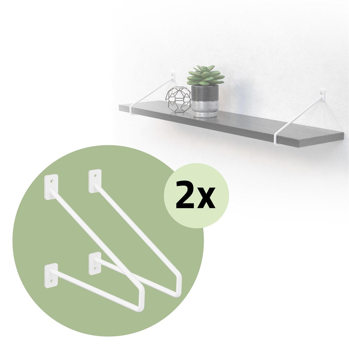 Two white wall brackets for shelves next to a shelf with a plant.