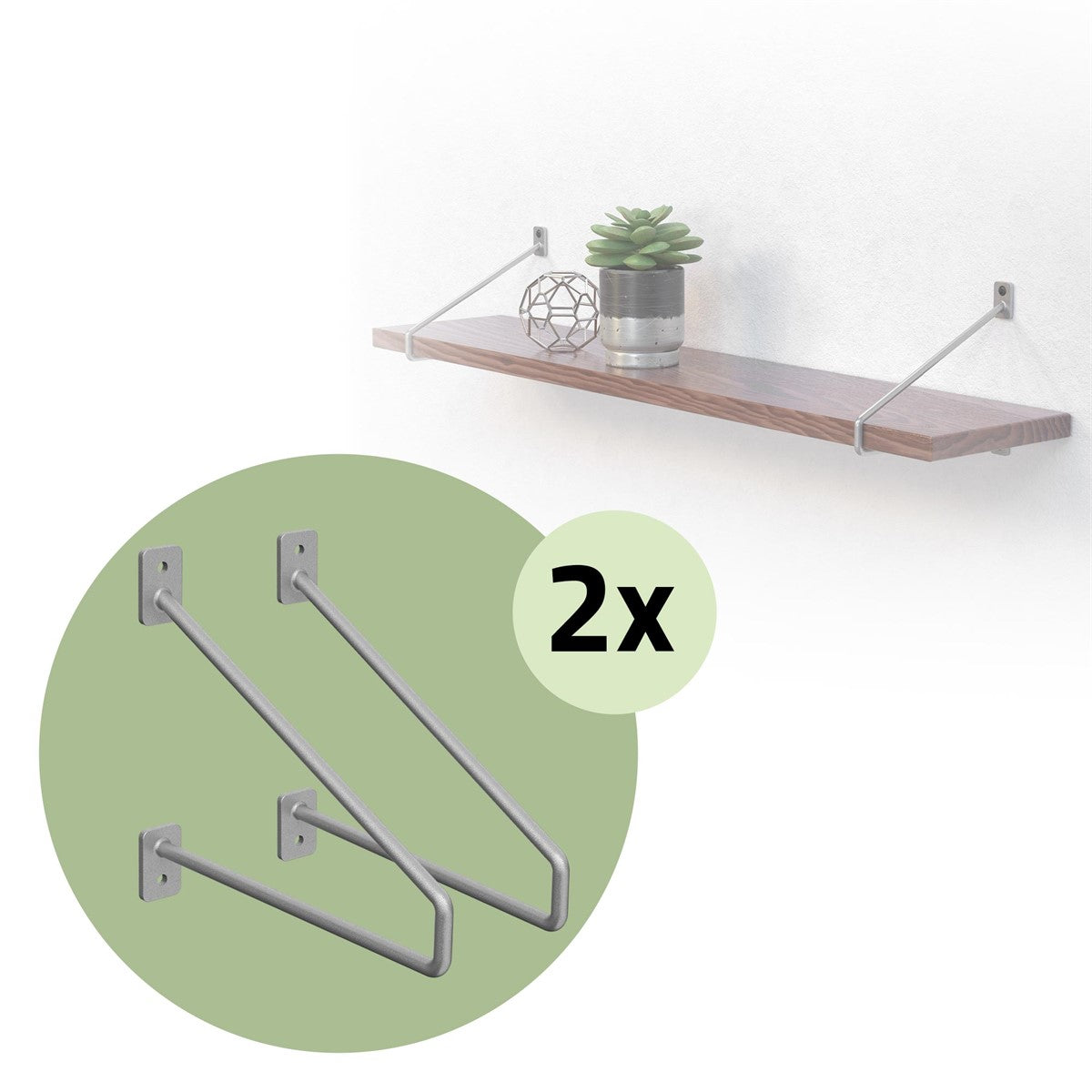 Two grey wall brackets for shelves next to a shelf with a plant.