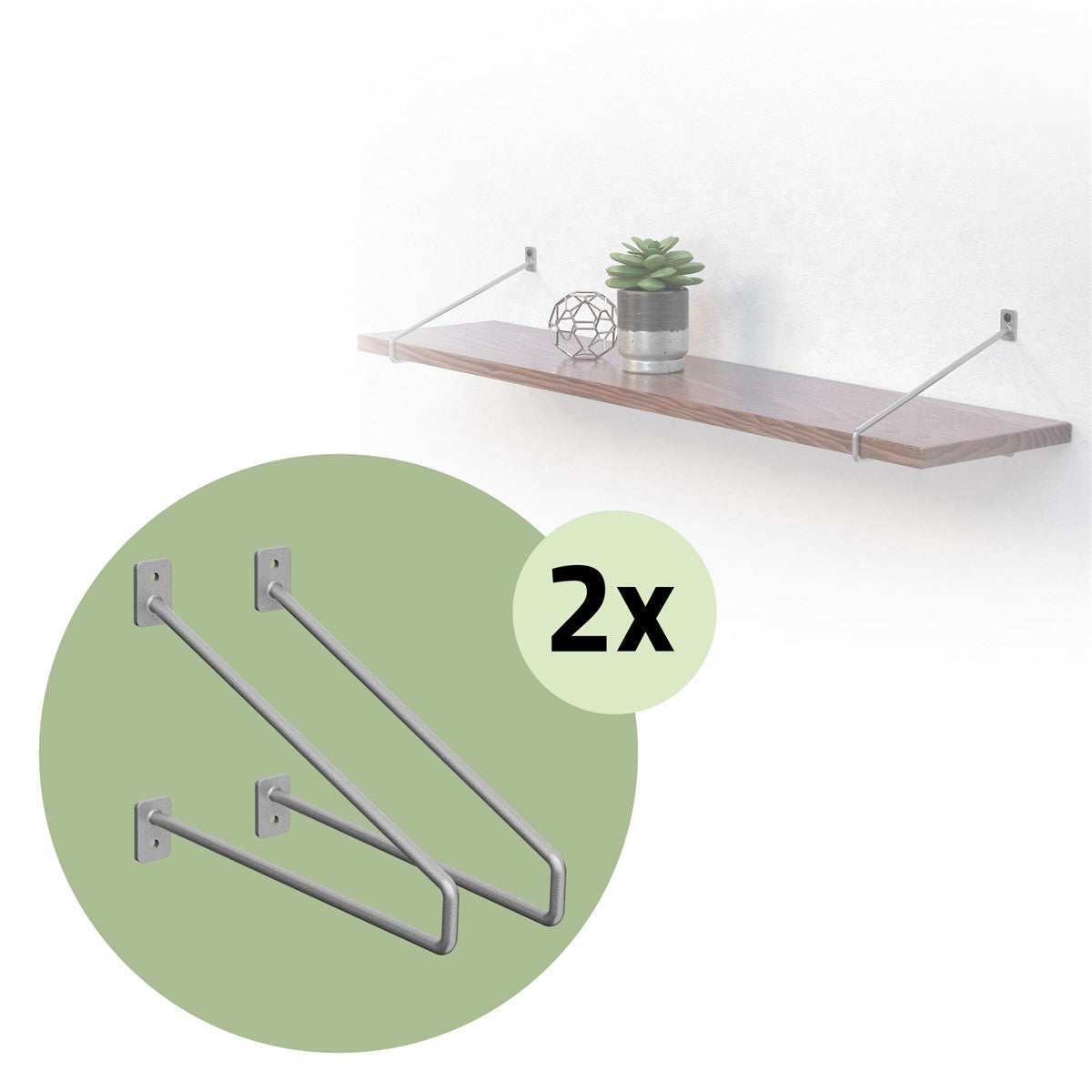 Two grey wall brackets for a shelf with a plant and a decorative ball.