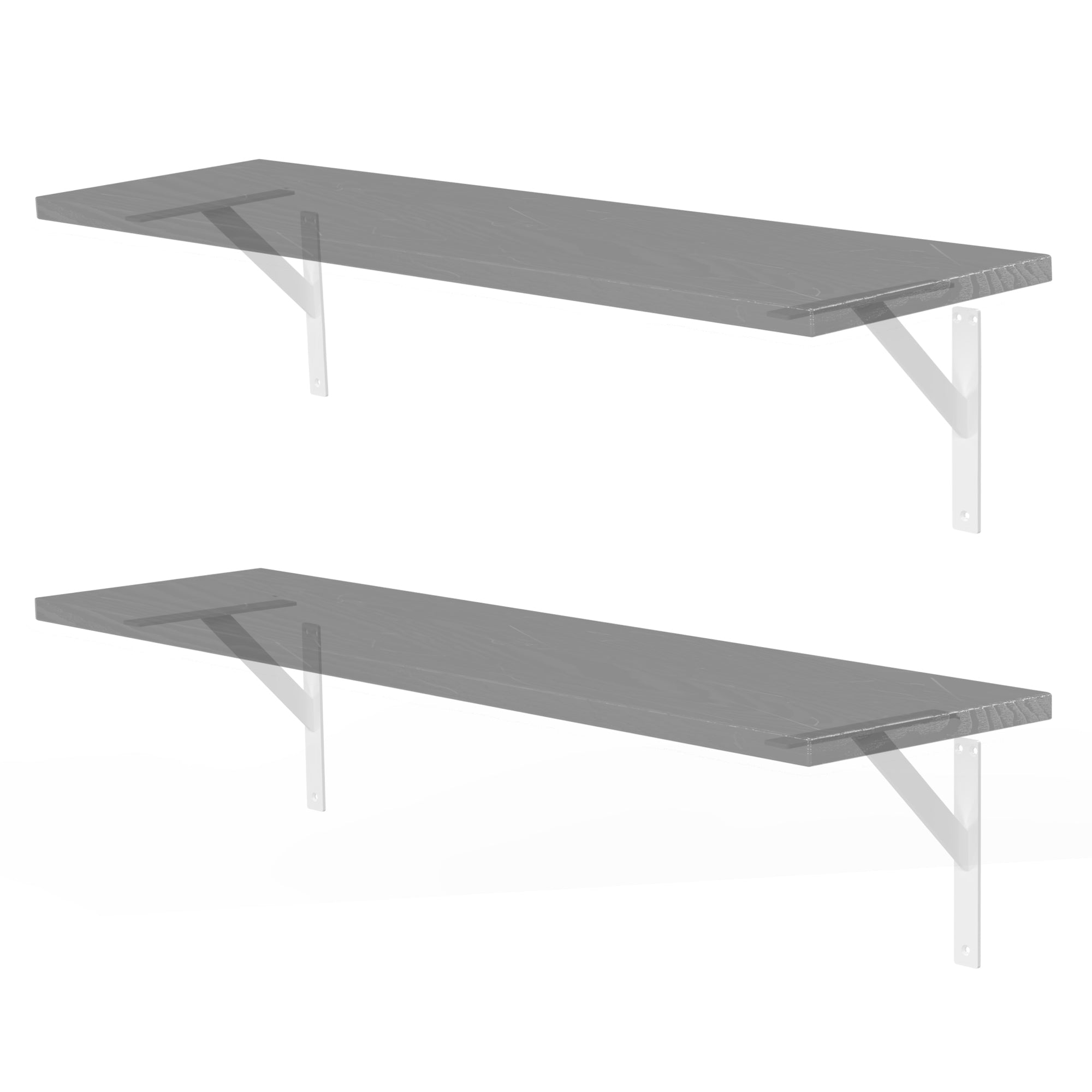 Dos estantes grises con soportes transparentes en una pared.
