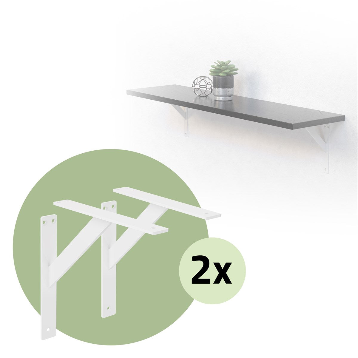 Two white wall brackets for shelves, with a black shelf and a plant.