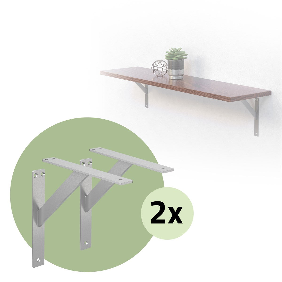 A shelf with a green wall bracket and a plant on the shelf.
