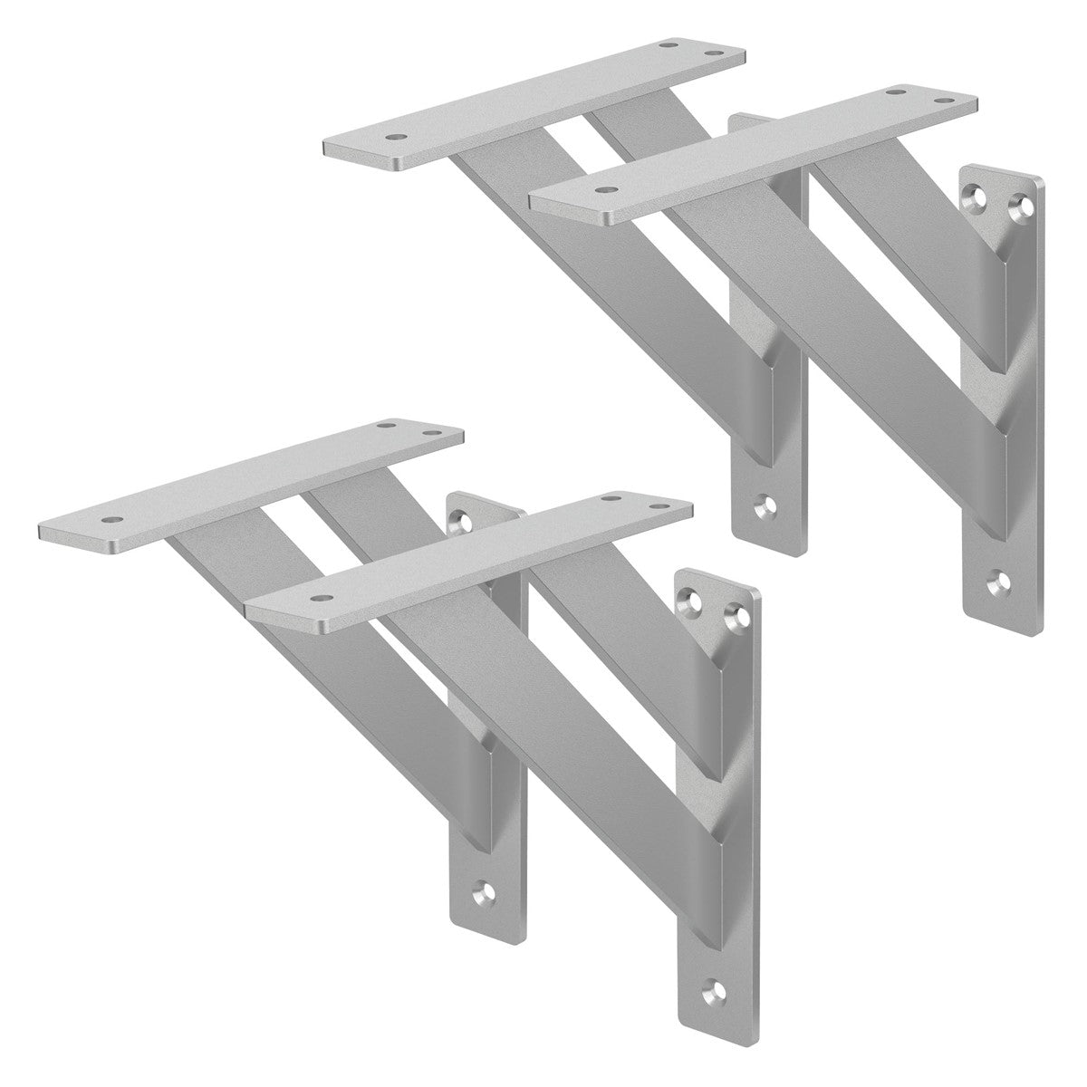 Two silver wall brackets with angled braces.