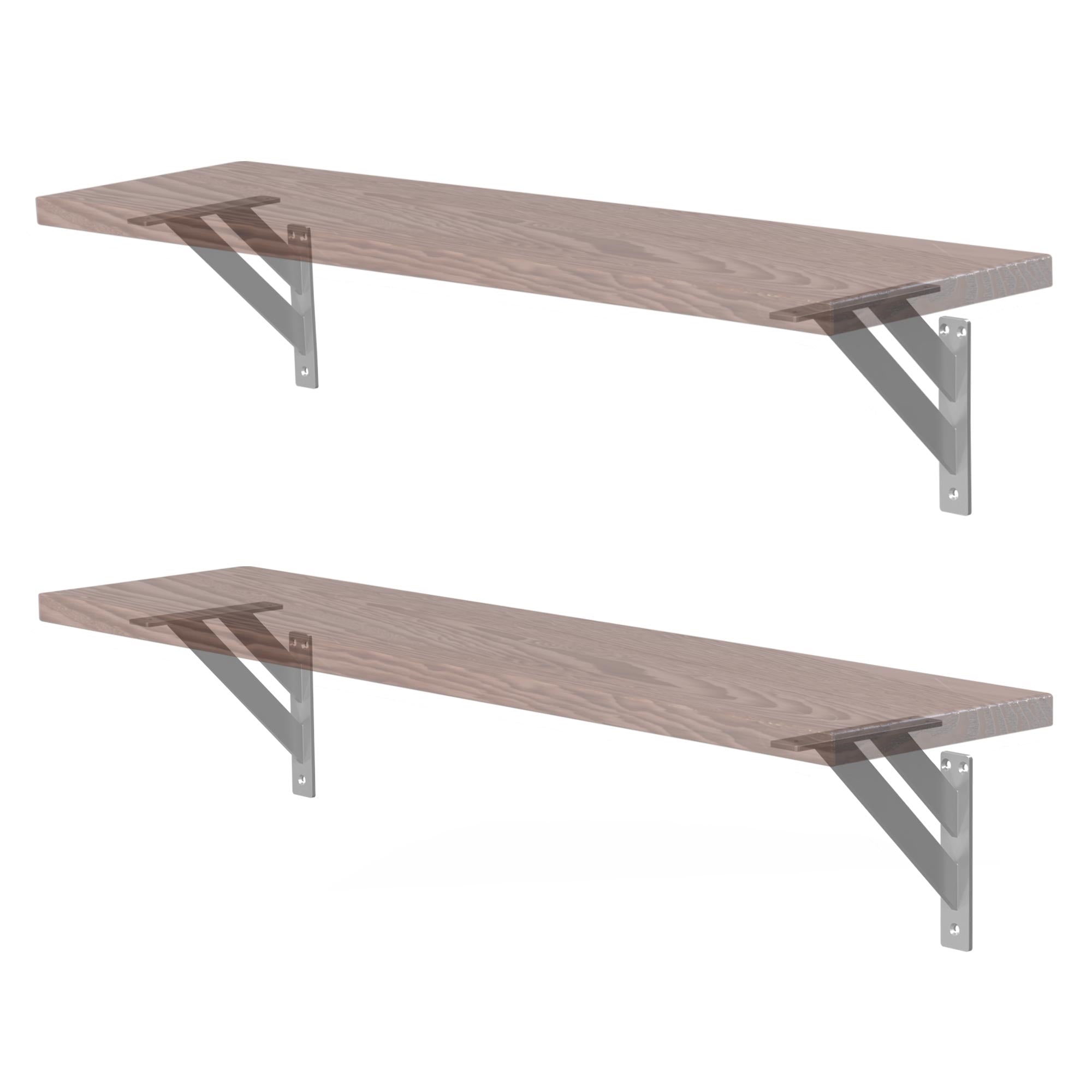 Due scaffali in legno con supporti in metallo, uno sopra e uno sotto.