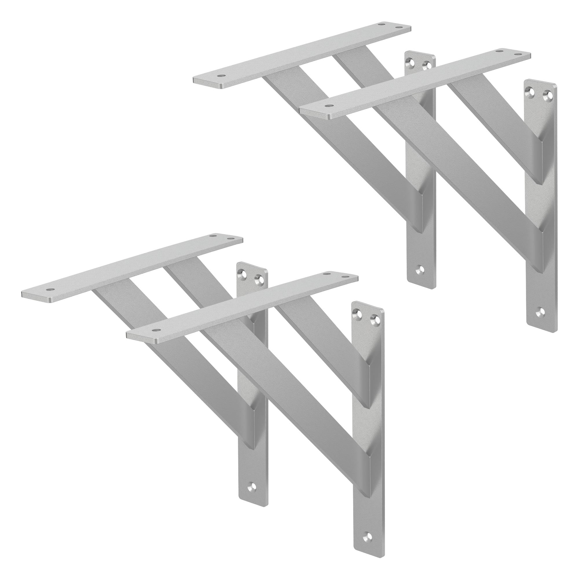 Zwei metallene Wandhalterungen in V-Form, silberfarben.