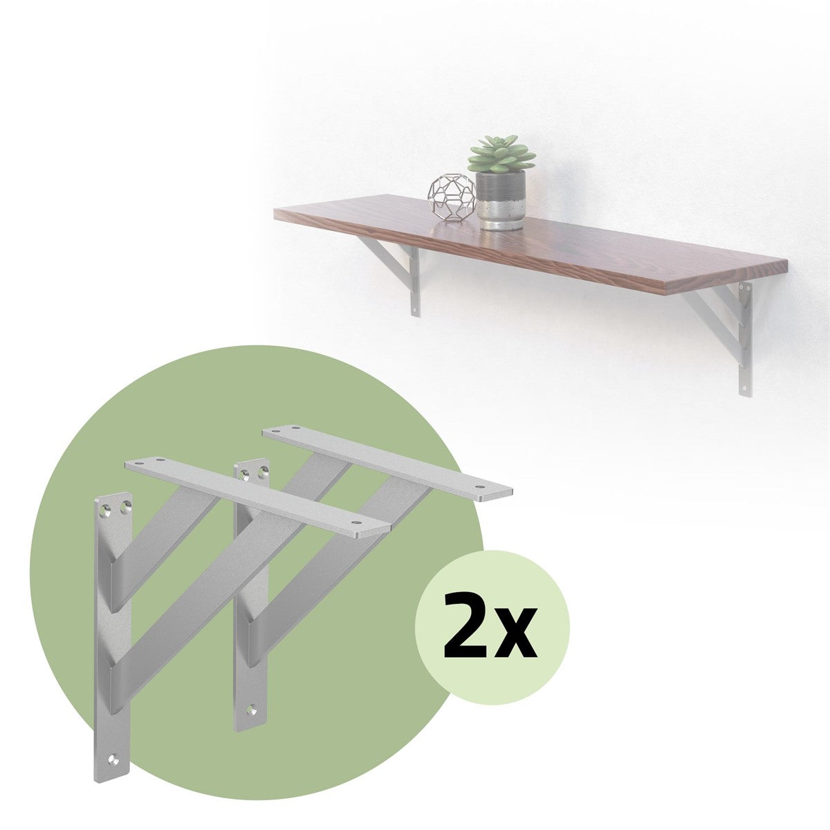 Wall shelf with two brackets and a plant on the shelf.