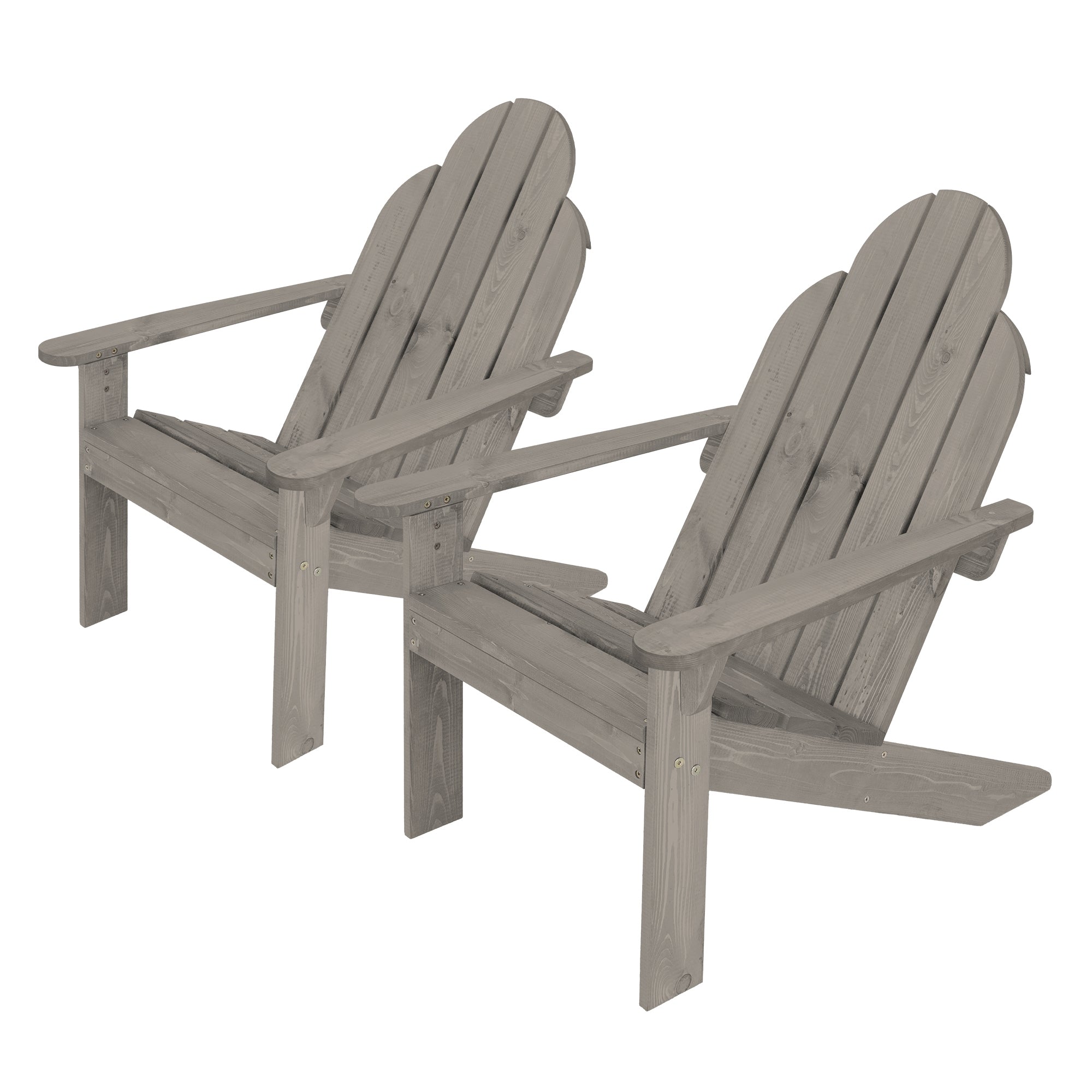 Zwei graue Adirondack-Stühle aus Holz mit geschwungenen Rückenlehnen.