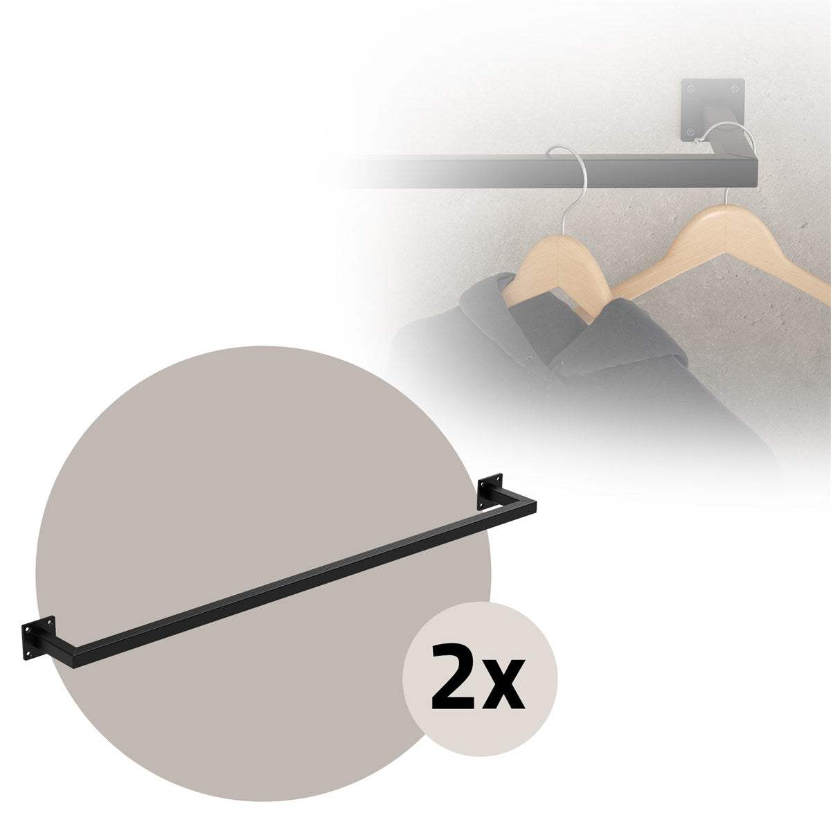 Black clothes rail with two wooden hangers.