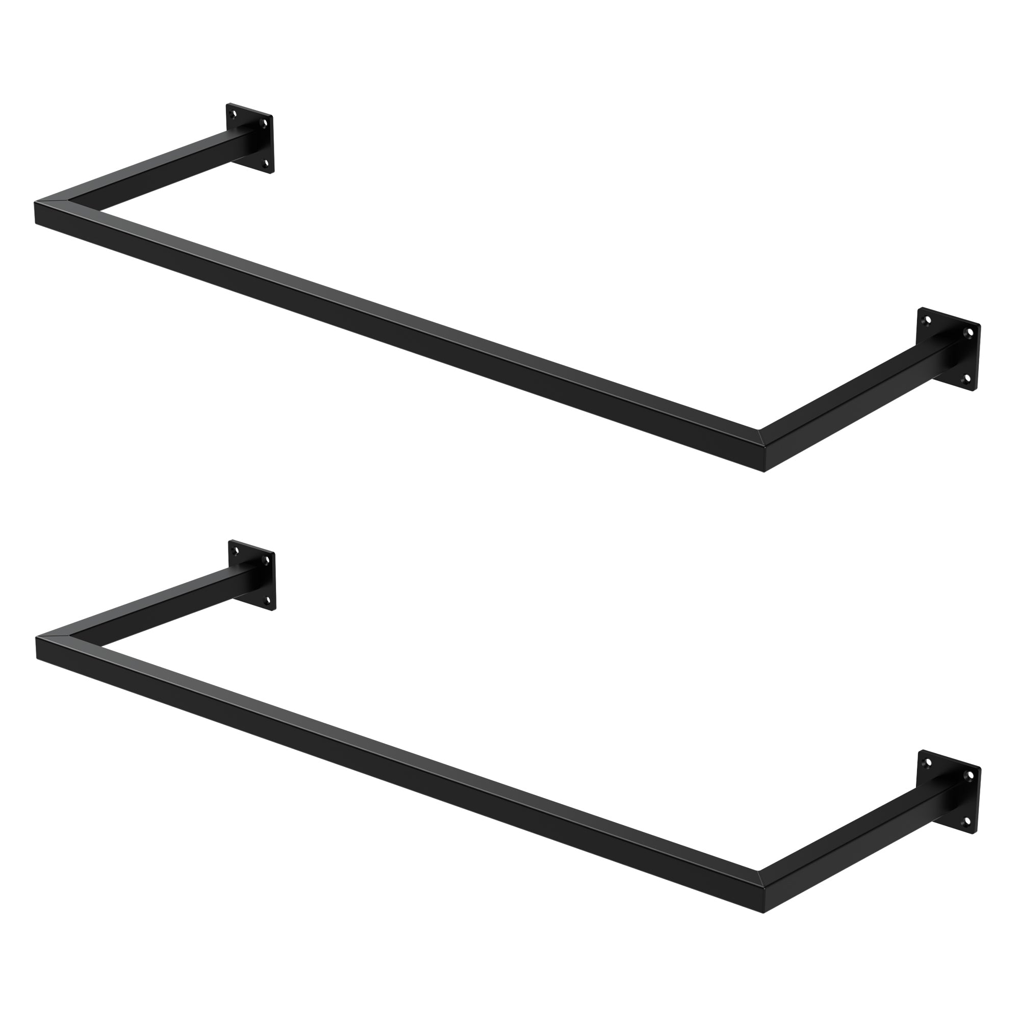 Zwei schwarze Wandregale mit rechteckiger Form, an der Wand montierbar.