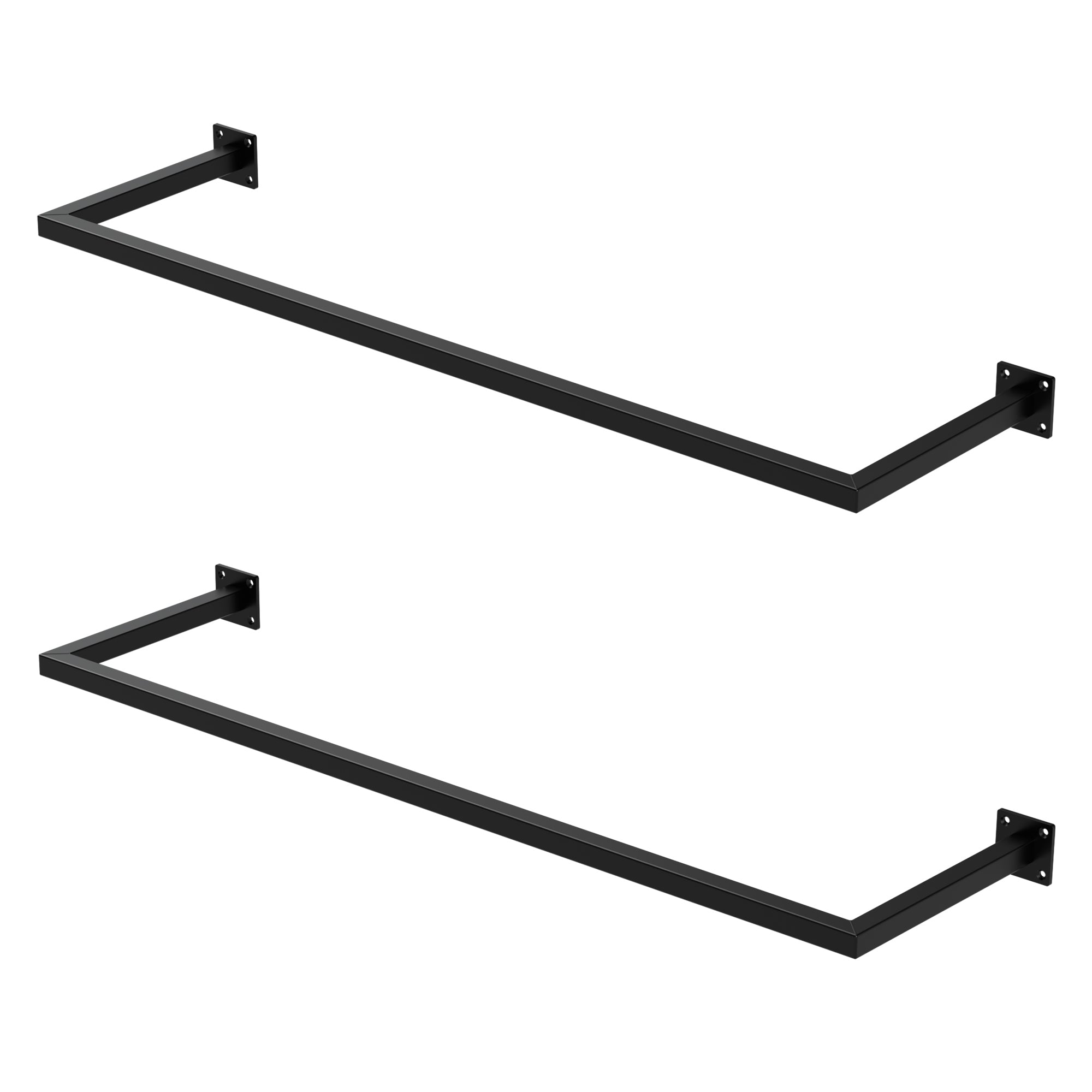 Zwei schwarze Kleiderstangen, eine oben und eine unten, an der Wand montiert.