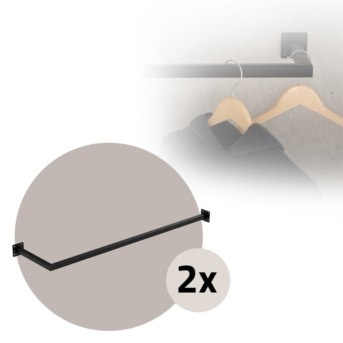 Black clothes rail with two wooden hangers on a wall.