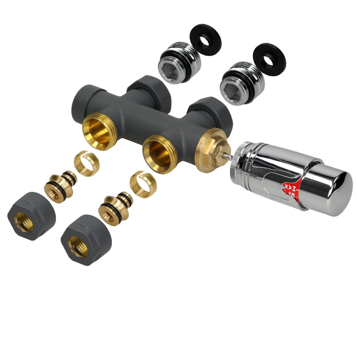 Et adskilt ventil med forskellige komponenter i grå og guld.