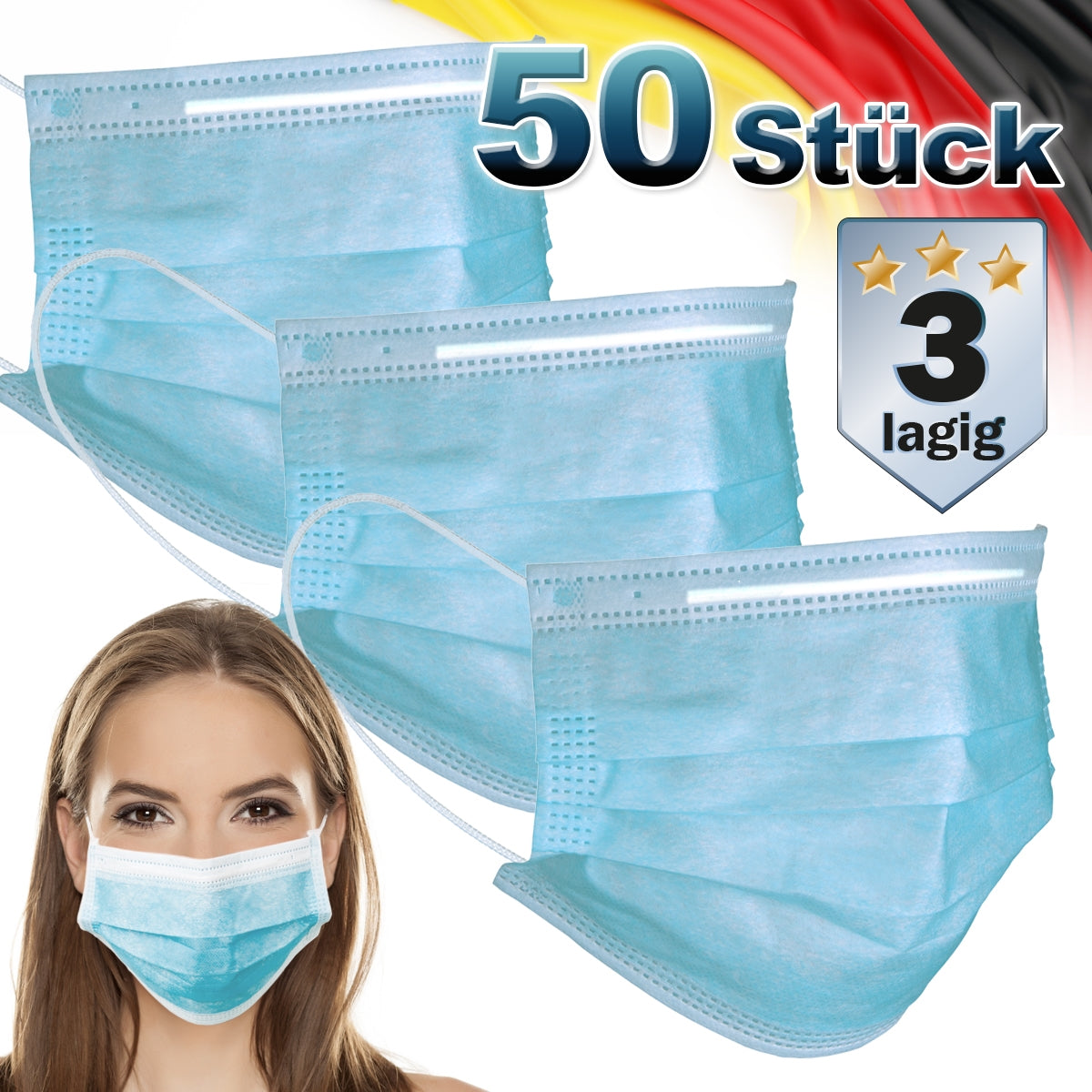 Packung mit 50 blauen, dreilagigen Mundschutzmasken.