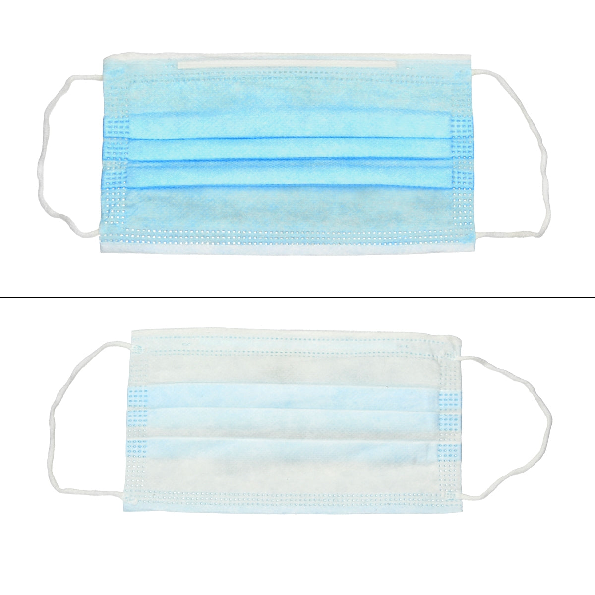 Zwei blaue Mund-Nasen-Schutzmasken auf einem weißen Hintergrund.