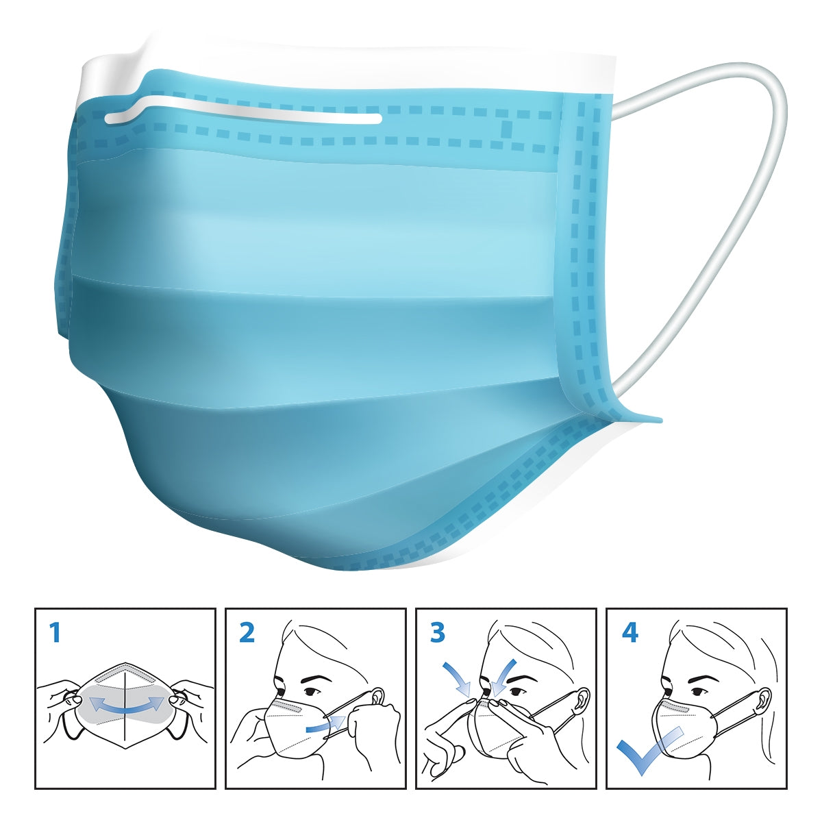 Blaue Mund-Nasen-Maske mit Anleitung zur Anwendung in vier Schritten.