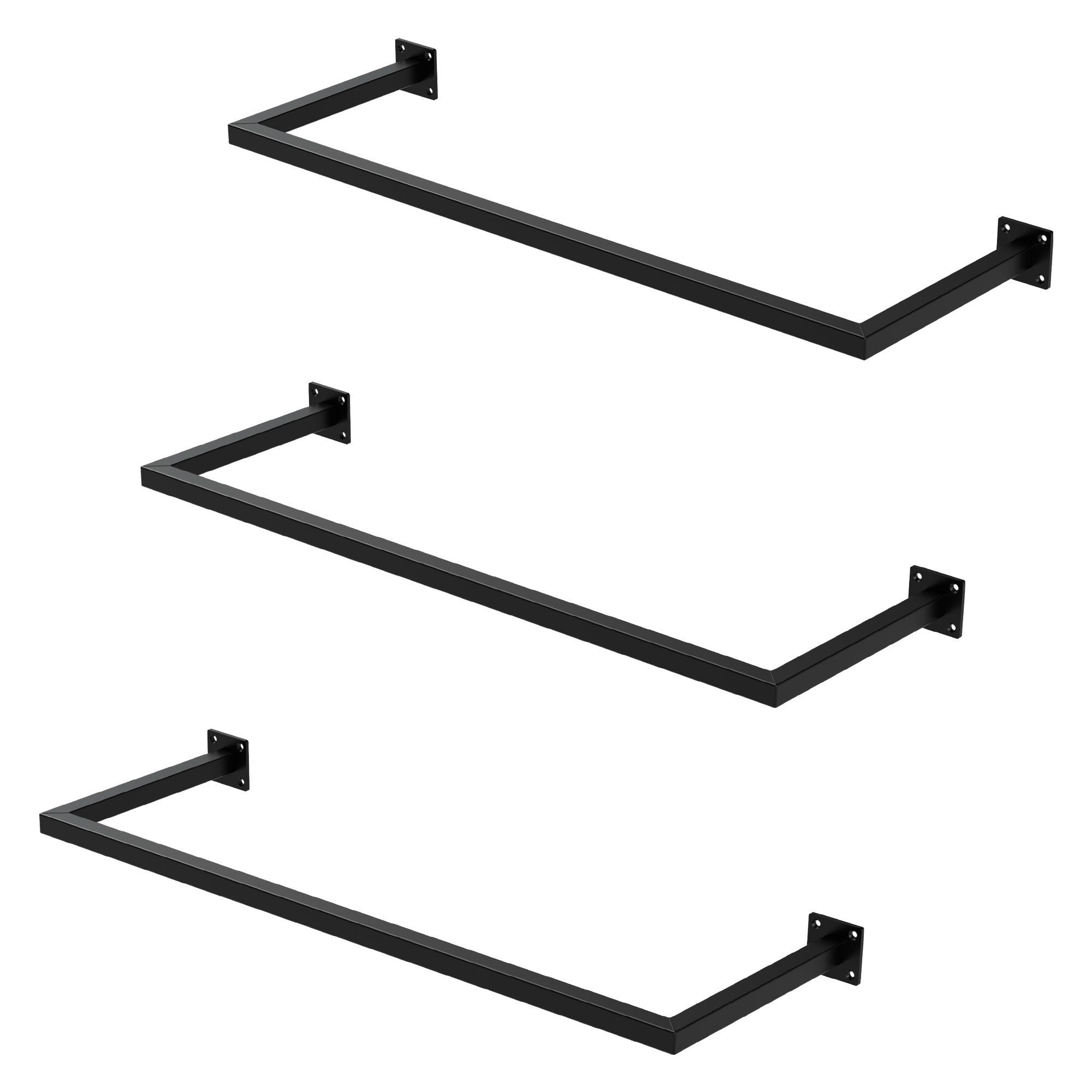 Drei schwarze Kleiderstangen übereinander, an einer Wand montiert.