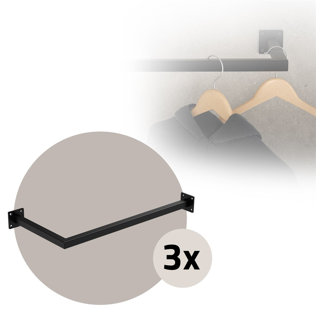 Black clothes rail with two wooden hangers on a wall.