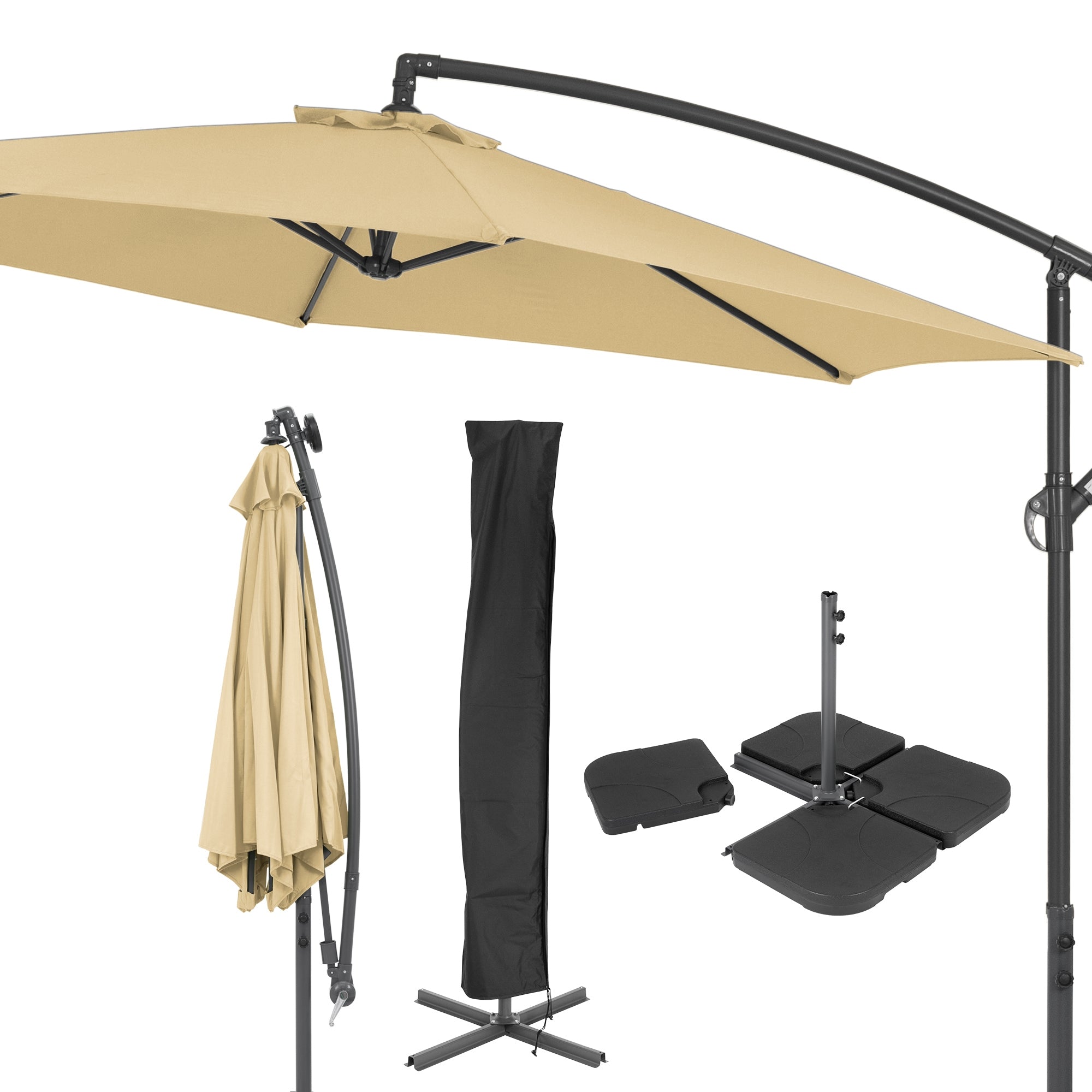 Un parasol avec support et accessoires en beige et noir.