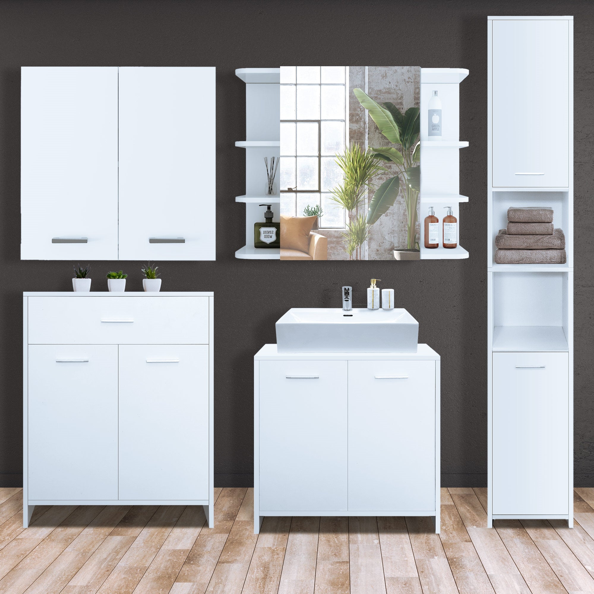 Conjunto de muebles de baño blancos con lavabo, estantes y toallas.