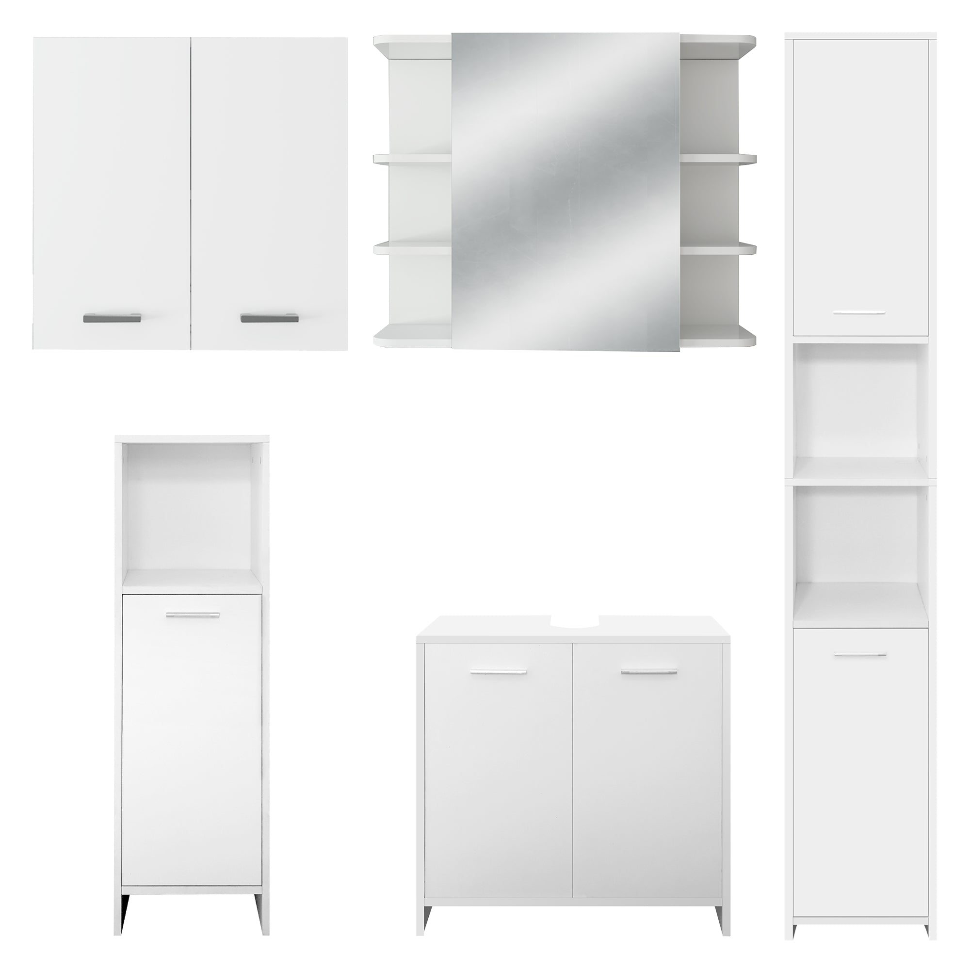 A white cabinet with a mirror, shelves, and a drawer.
