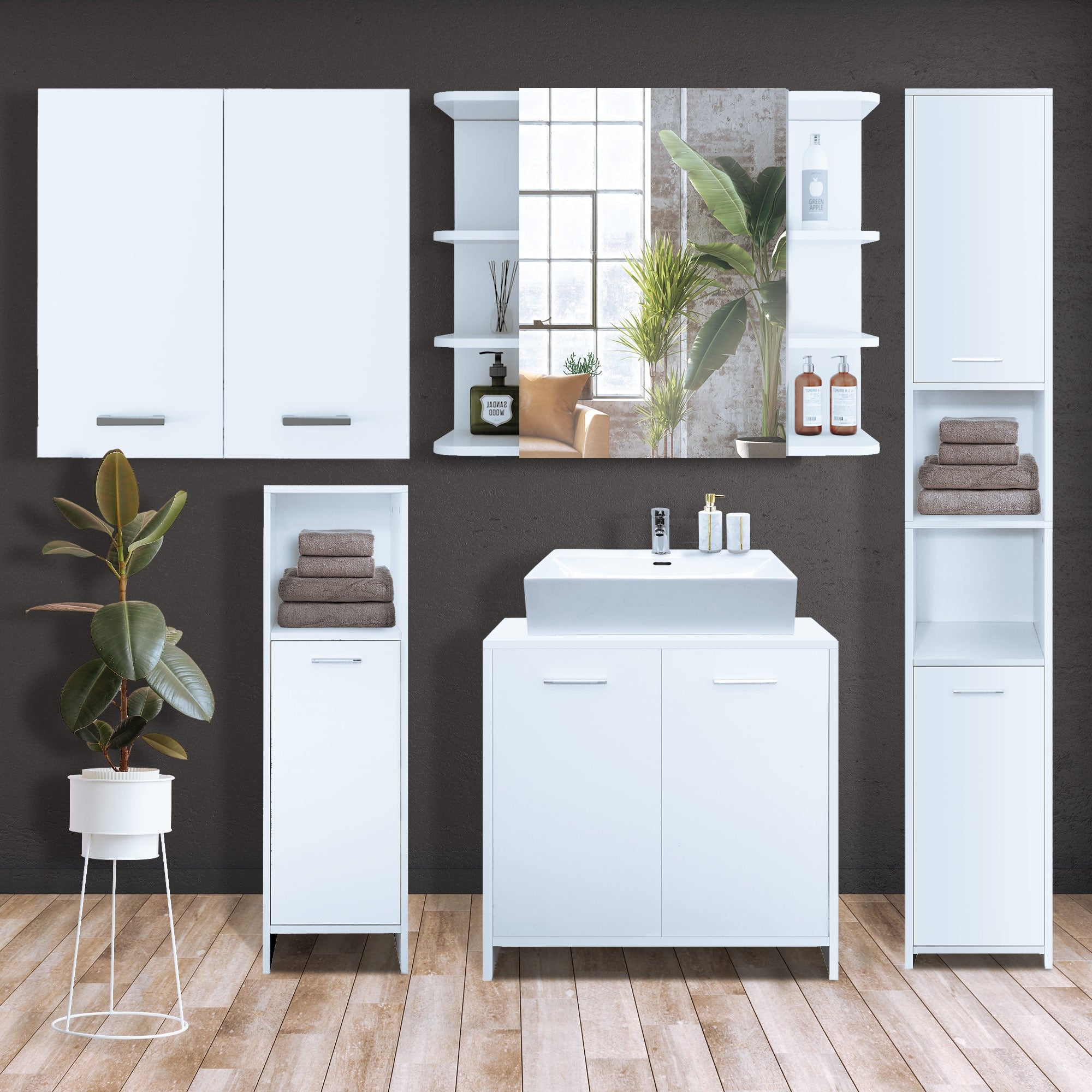 White bathroom furniture set with sink, shelves, and towels.
