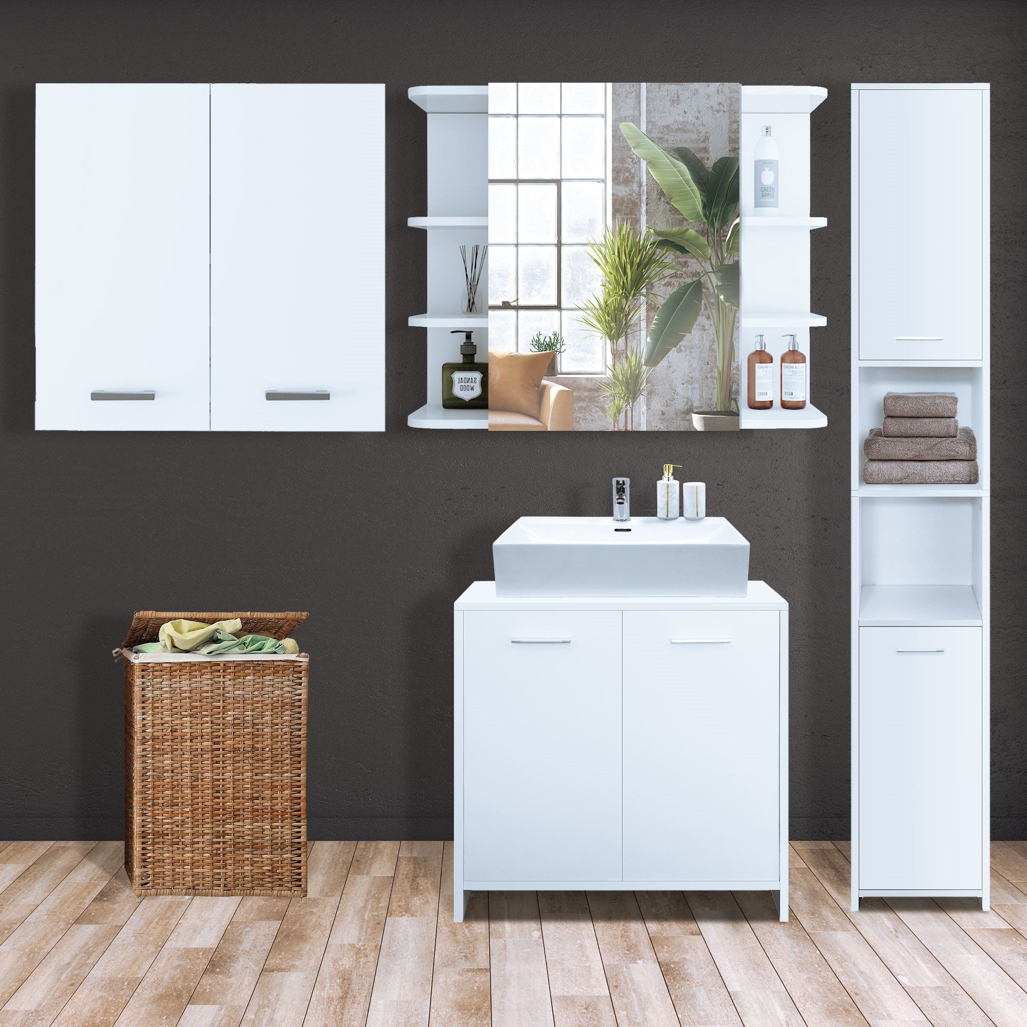 Badezimmermöbel mit Waschbecken, Schränken und Handtüchern in einem modernen Raum.