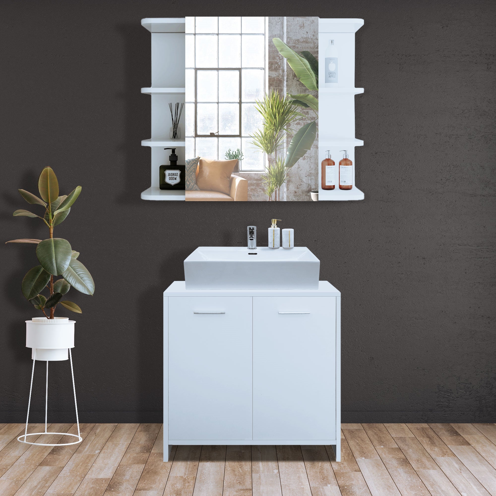 Moderne Badezimmermöbel mit Waschbecken und Spiegel.