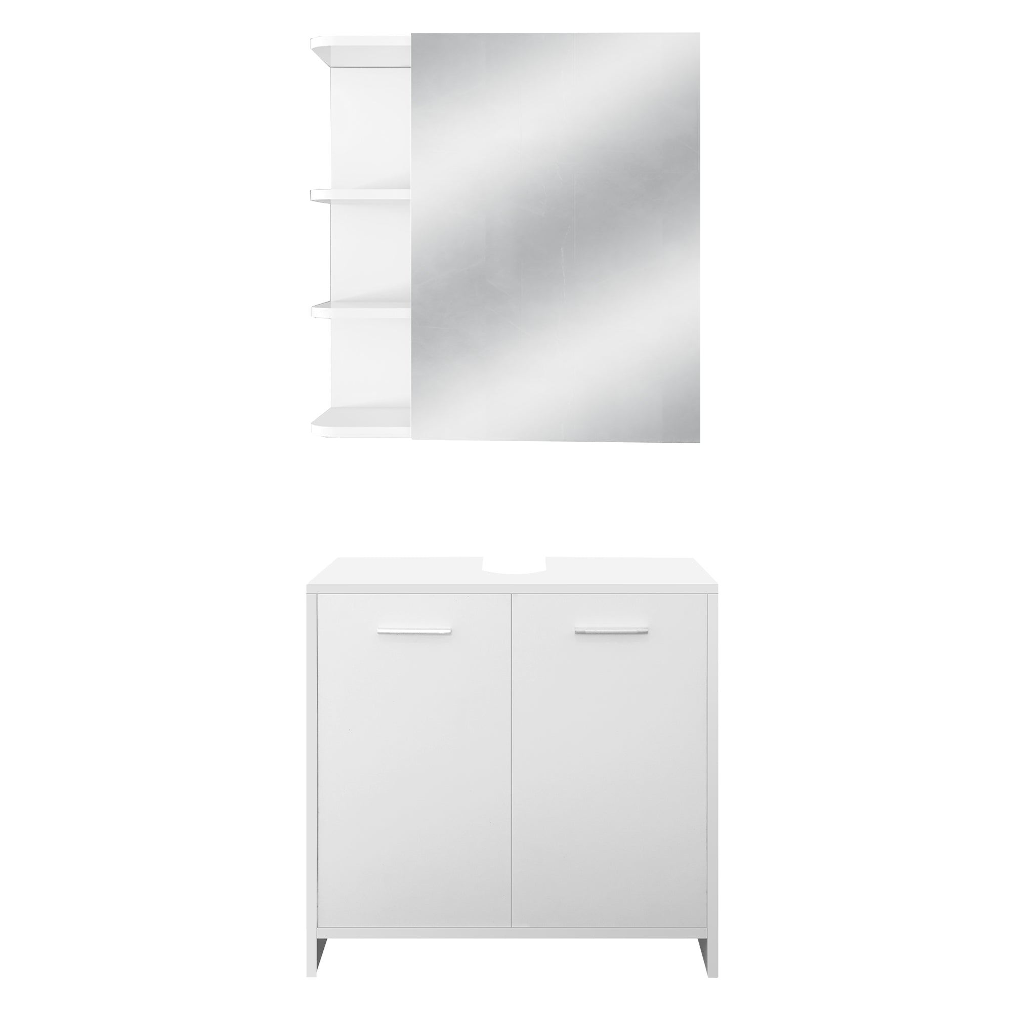 Ein weißer Schrank mit Spiegel und Regalen darüber.