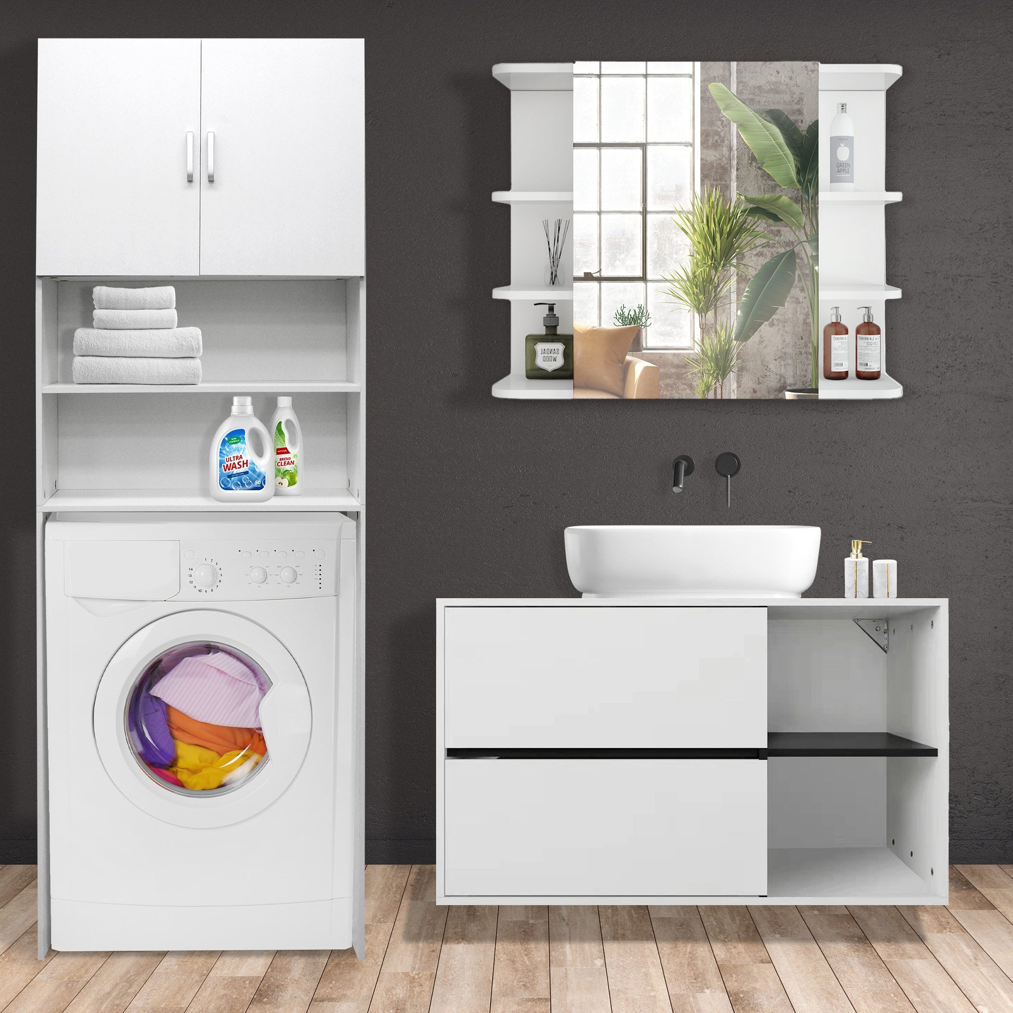 Badezimmermöbel mit Waschmaschine, Spiegel und Pflanzen im Hintergrund.