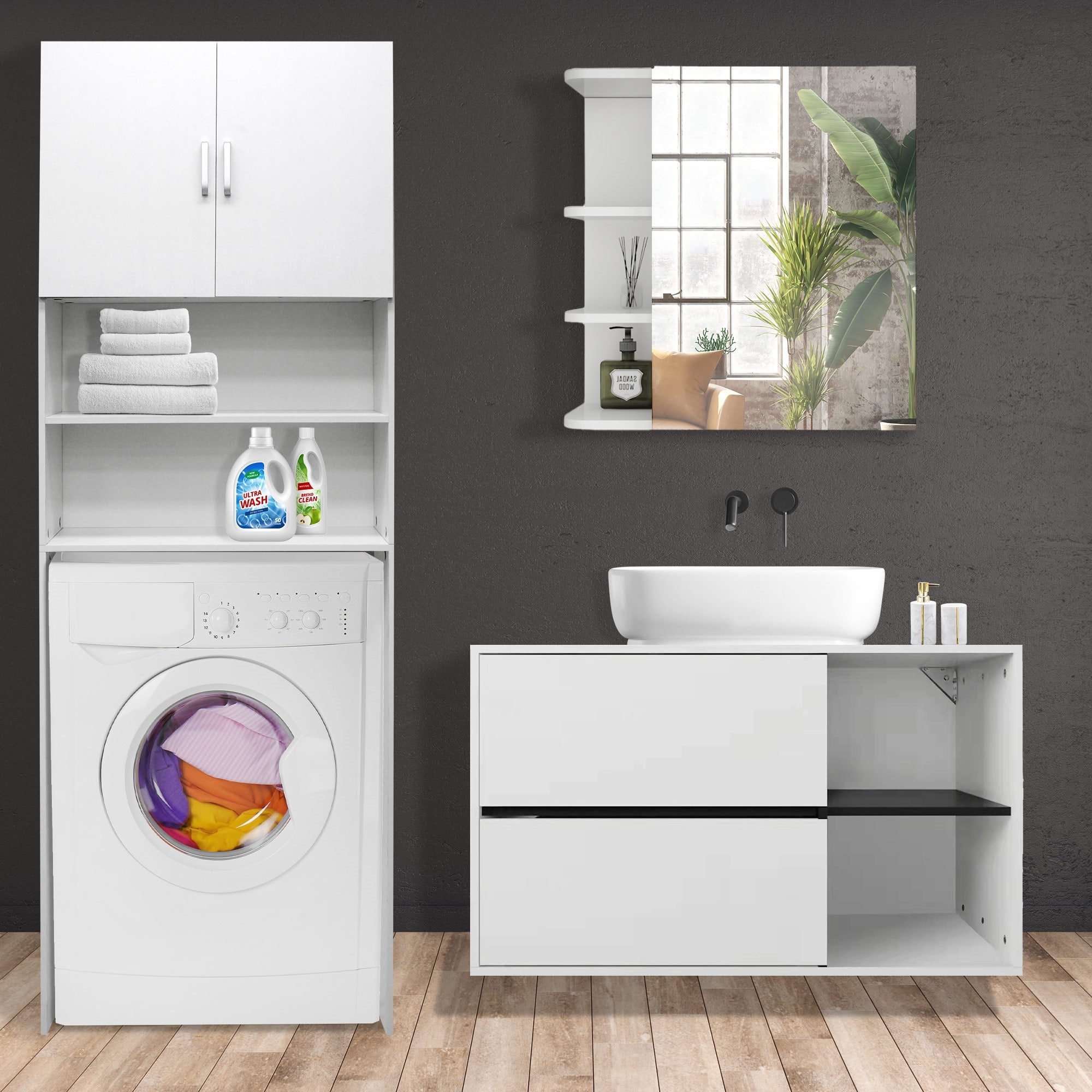 Waschmaschine und Waschbecken mit Spiegel und Pflanzen im Hintergrund.