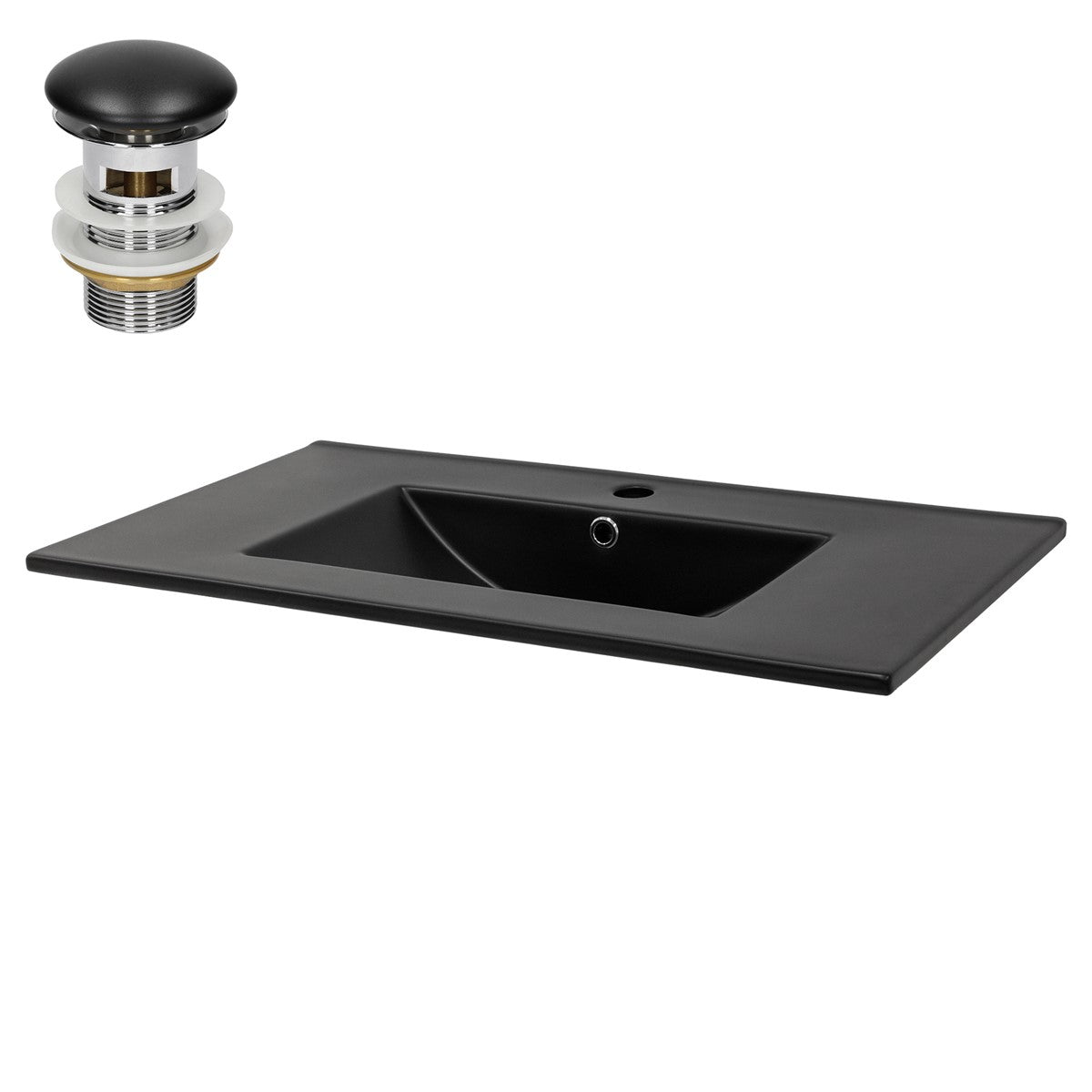 Black rectangular washbasin with a narrow drain.