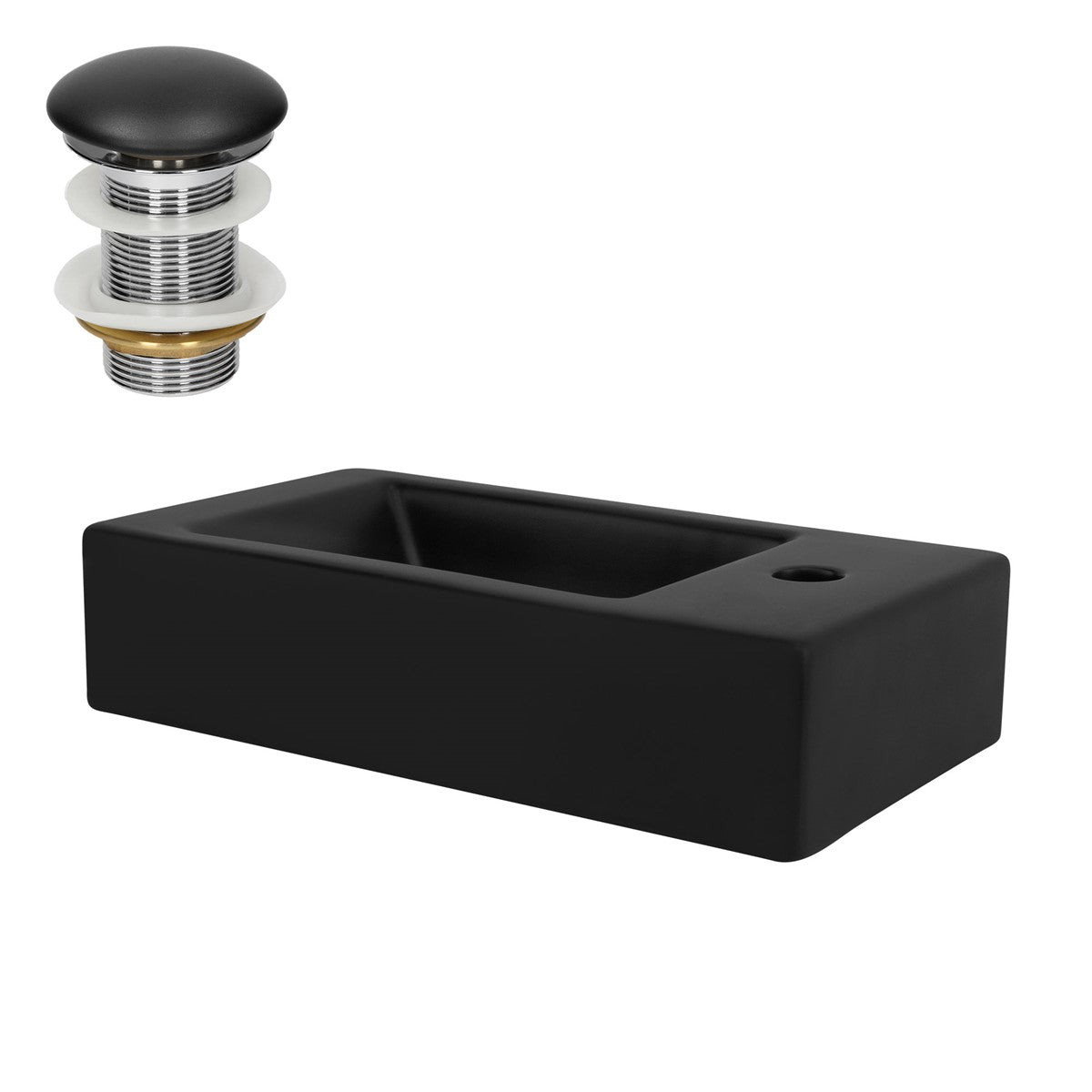 Lavabo rectangulaire noir avec bouchon de vidange.