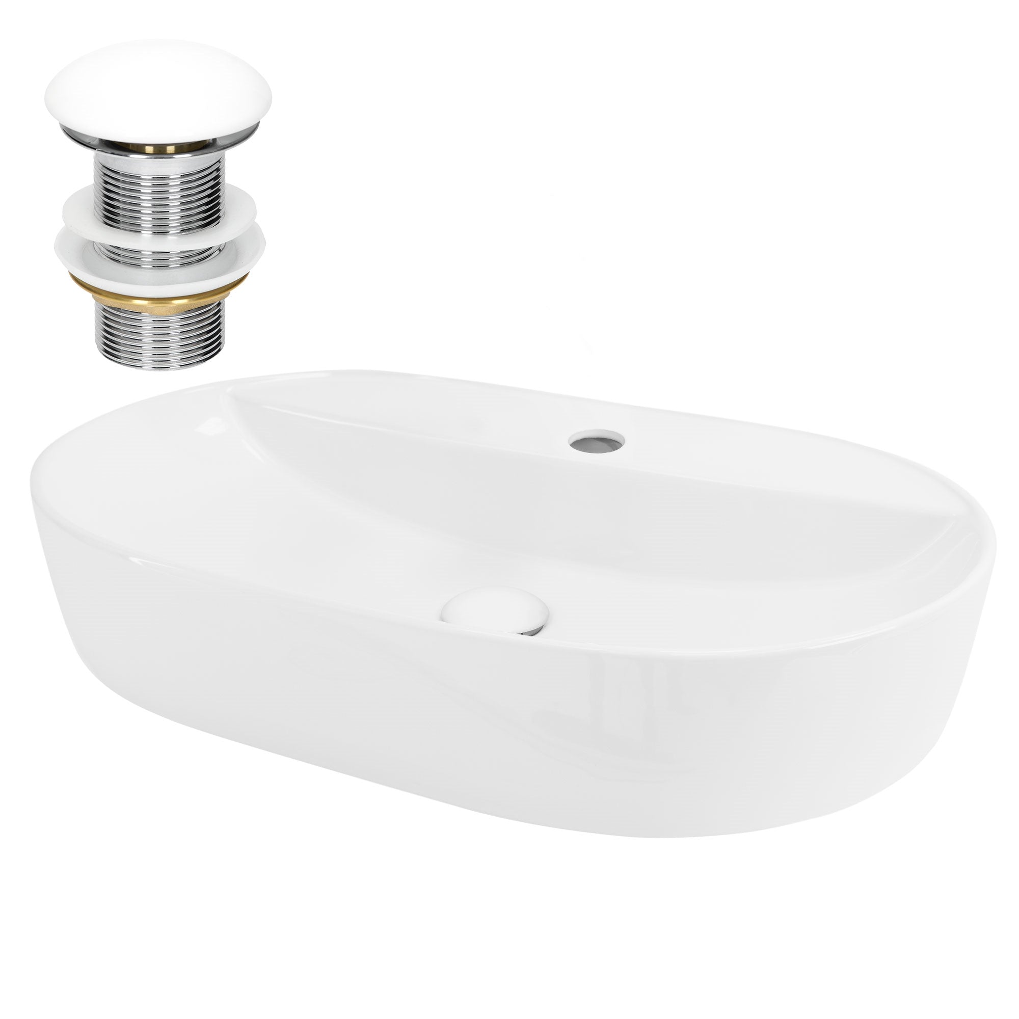 White sink with drain and overflow, oval shape with a recess.