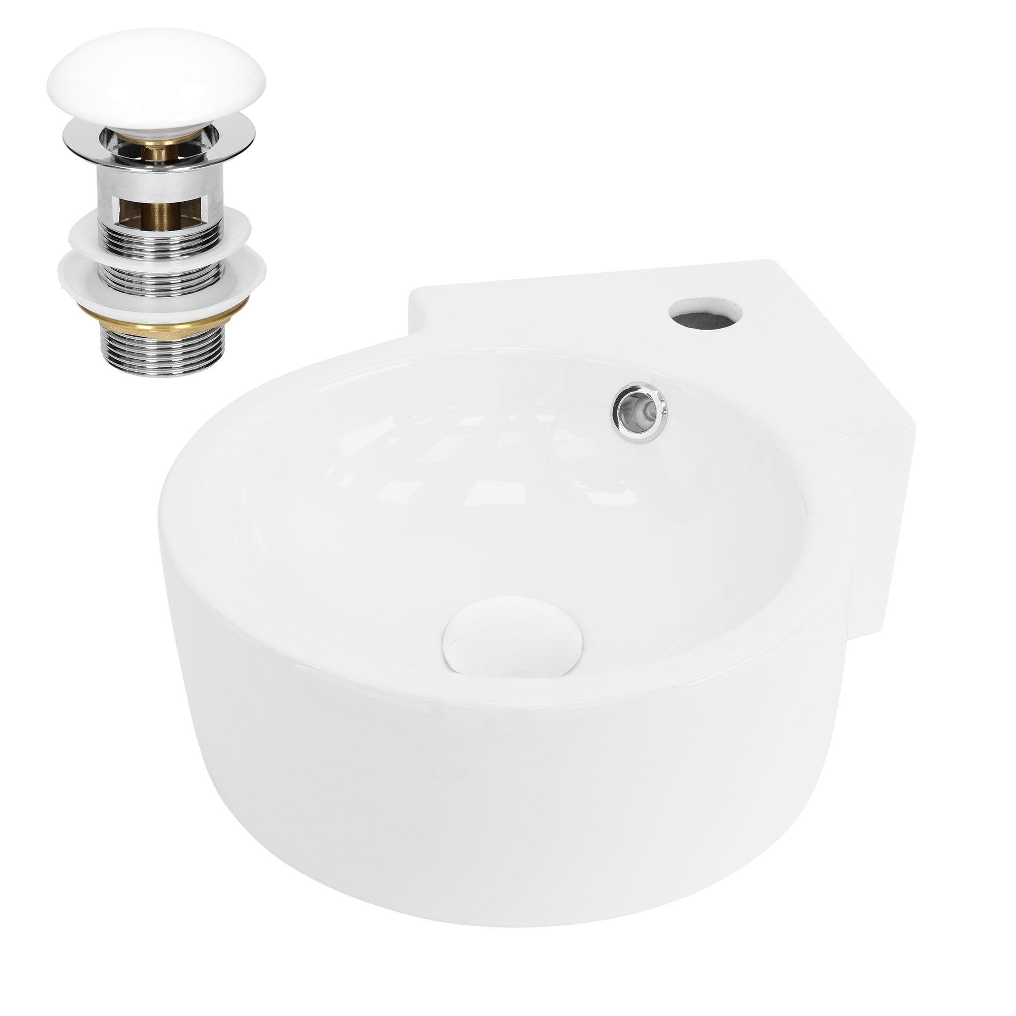 Round white sink with drain and overflow.