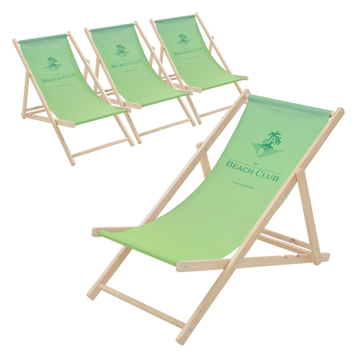 Quattro sedie a sdraio verdi con struttura in legno e la scritta 'BEACH CLUB'.
