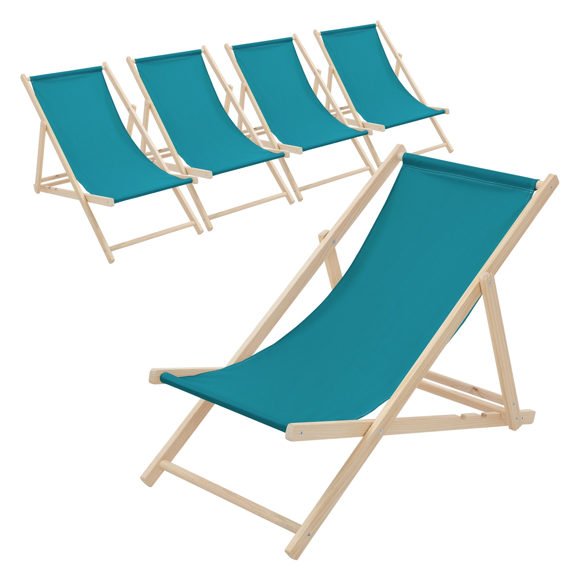 Vijf turquoise ligstoelen op een witte achtergrond.
