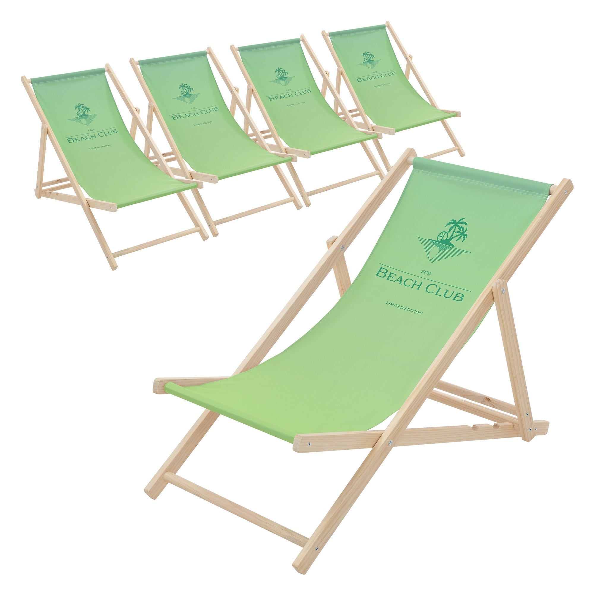 Fünf grüne Liegestühle mit dem Aufdruck 'BEACH CLUB' auf einem weißen Hintergrund.